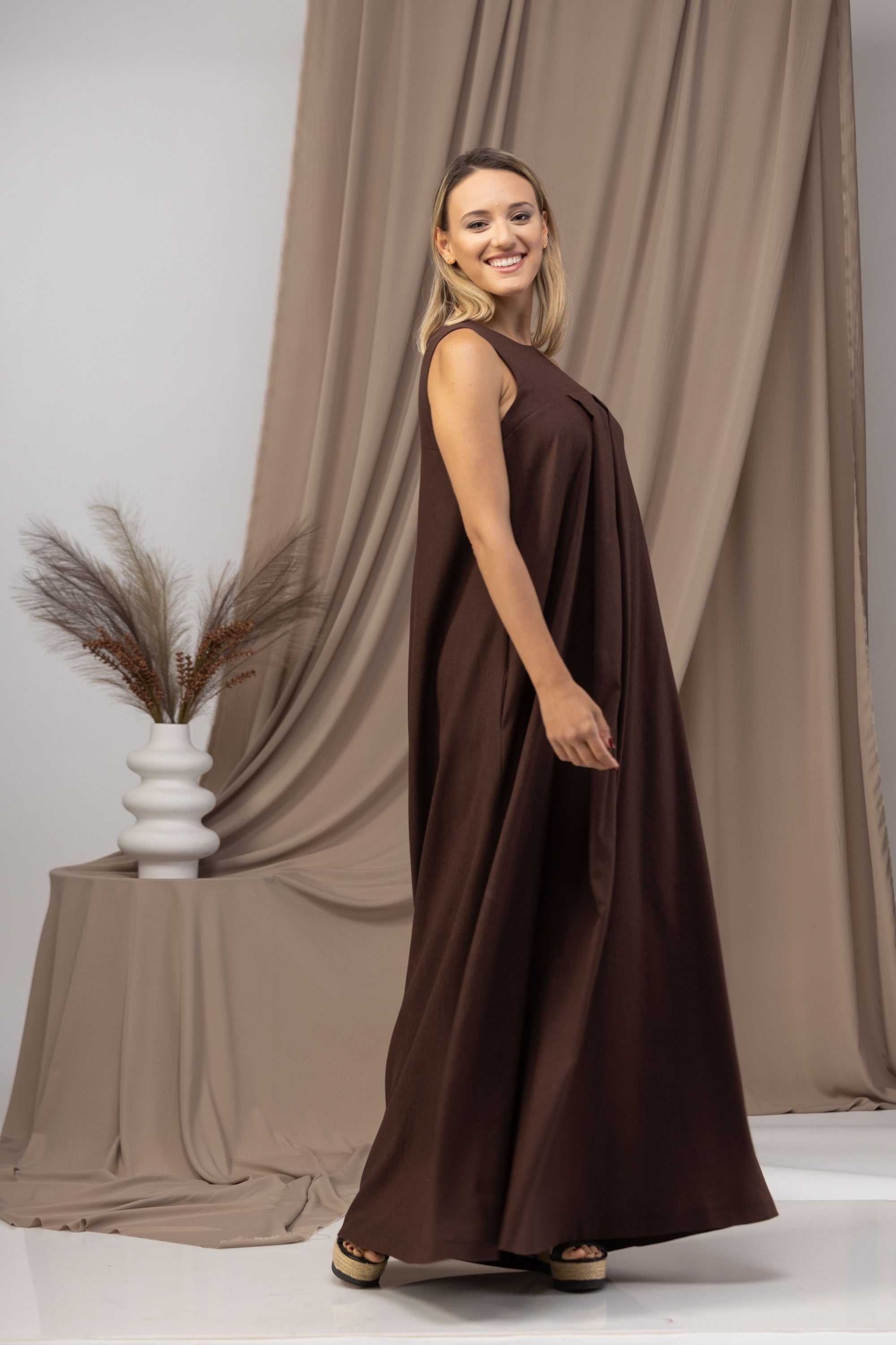Chocolate Loose Linen Maxi Dress from NikkaPlace | Effortless fashion for easy living Chocolate Loose Linen Maxi Dress from NikkaPlace | Effortless fashion for easy living