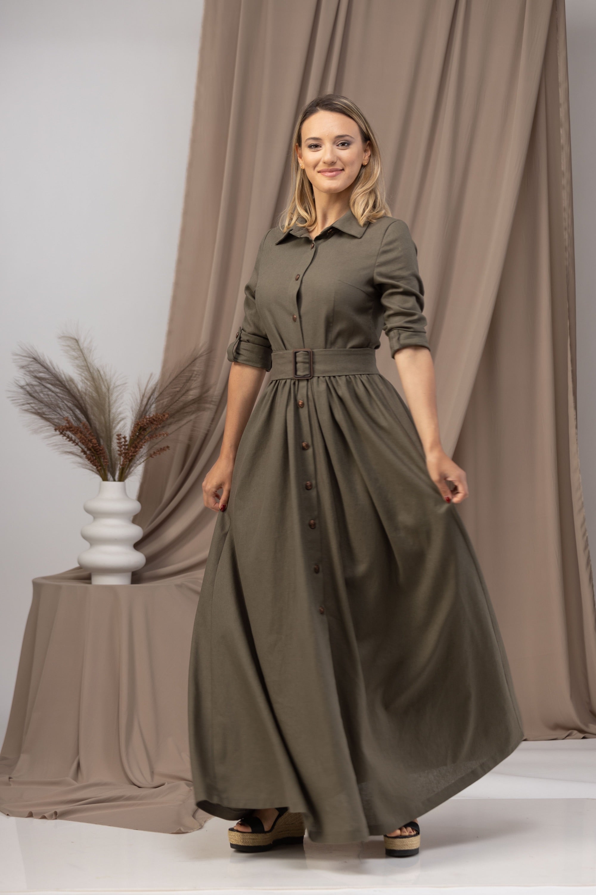 Linen Maxi Belted Dress