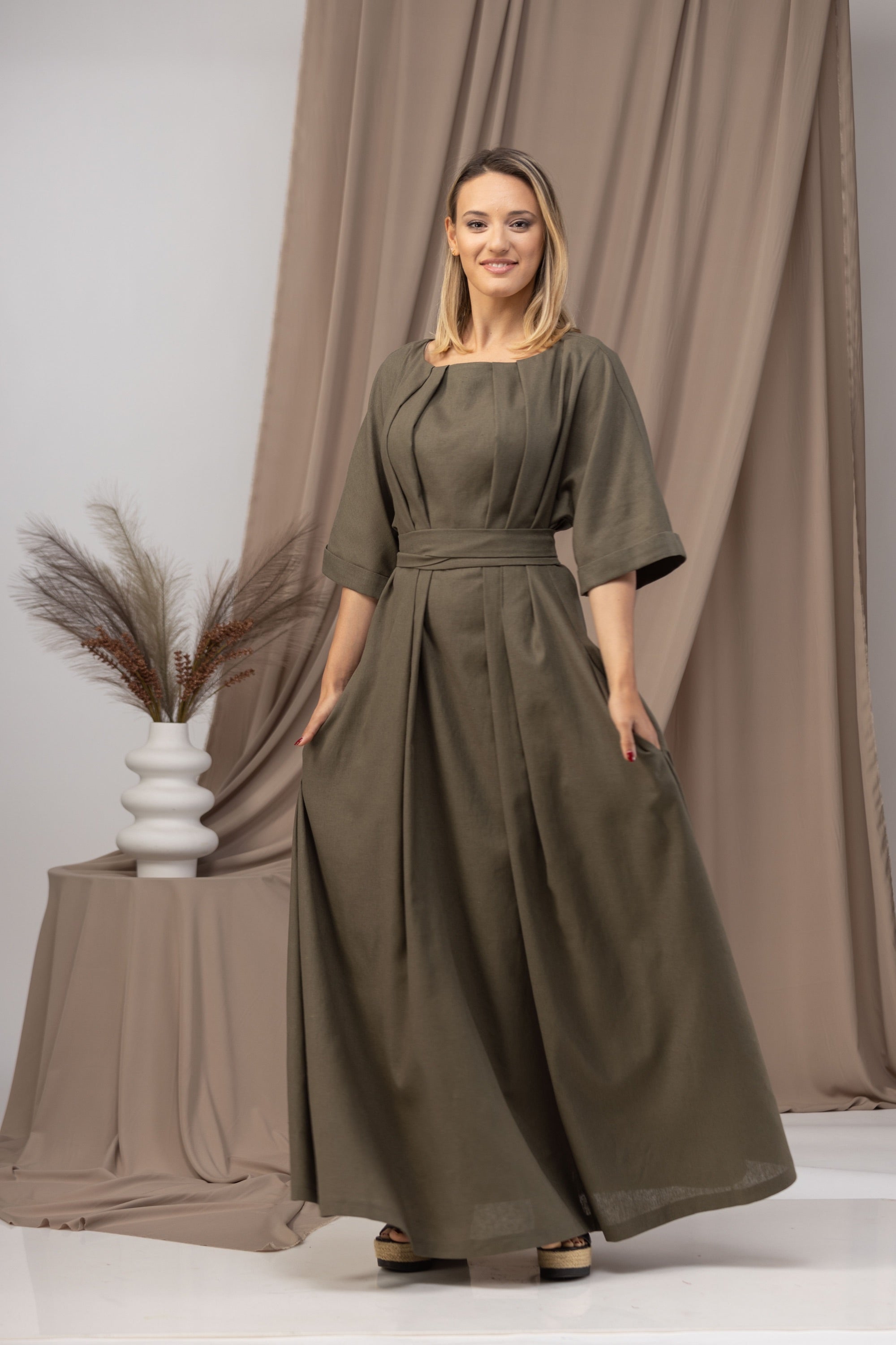 knee length dresses for ladies Linen Maxi Dress with A Tie Belt XXL / Natural