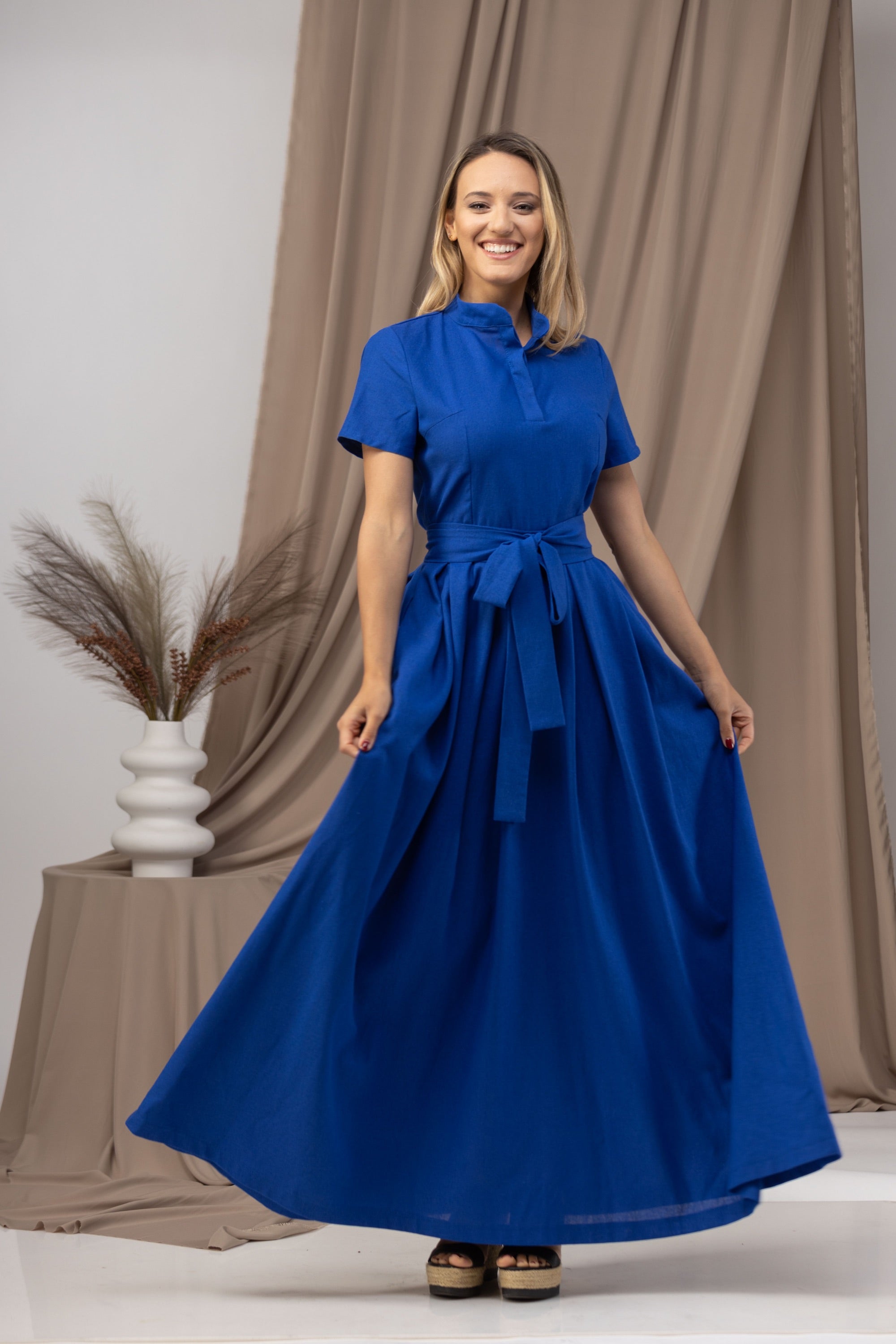 Linen Maxi Dress with Short Sleeves S / Natural Linen Maxi Dress with Short Sleeves S / Natural