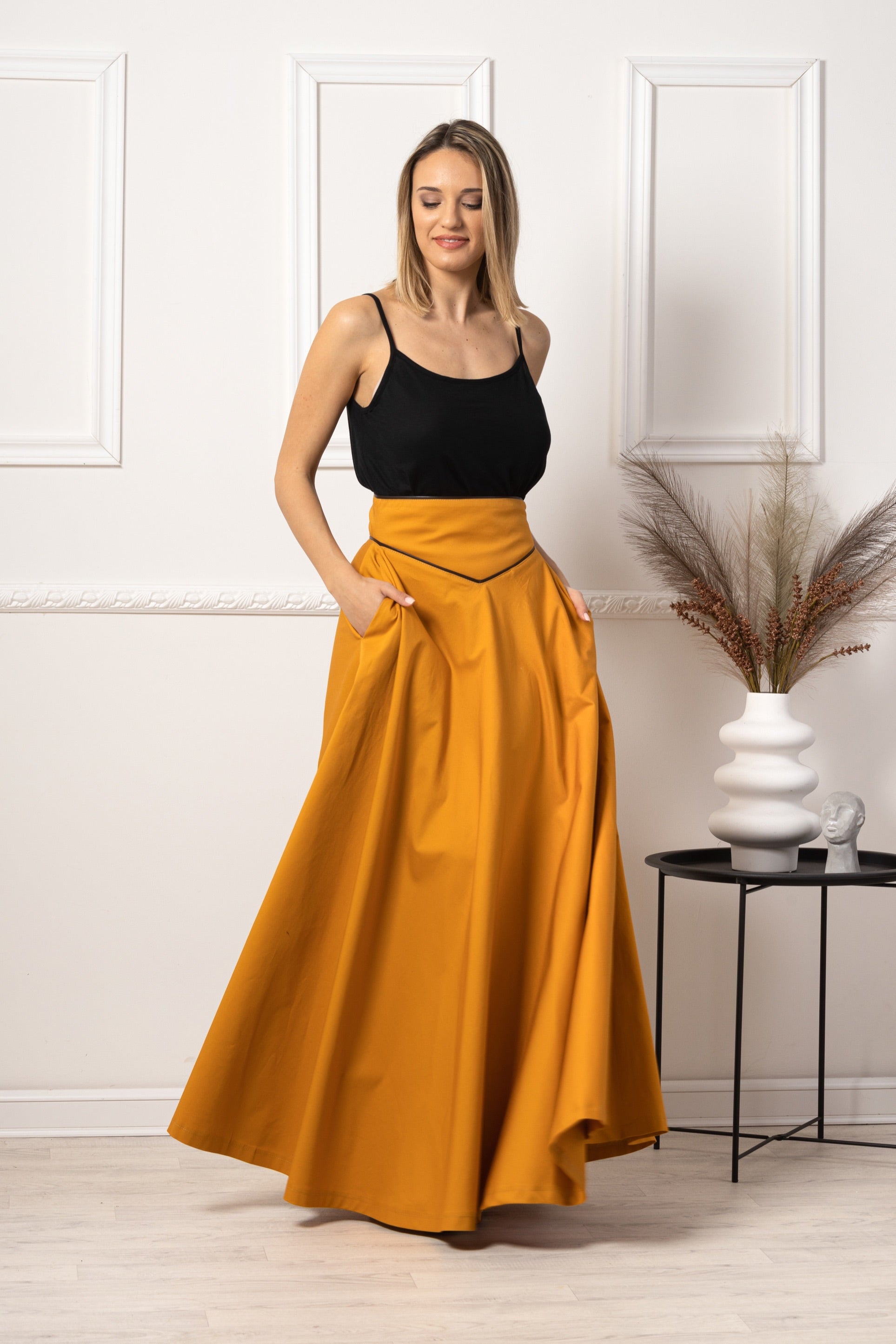 High waisted shop mustard yellow skirt