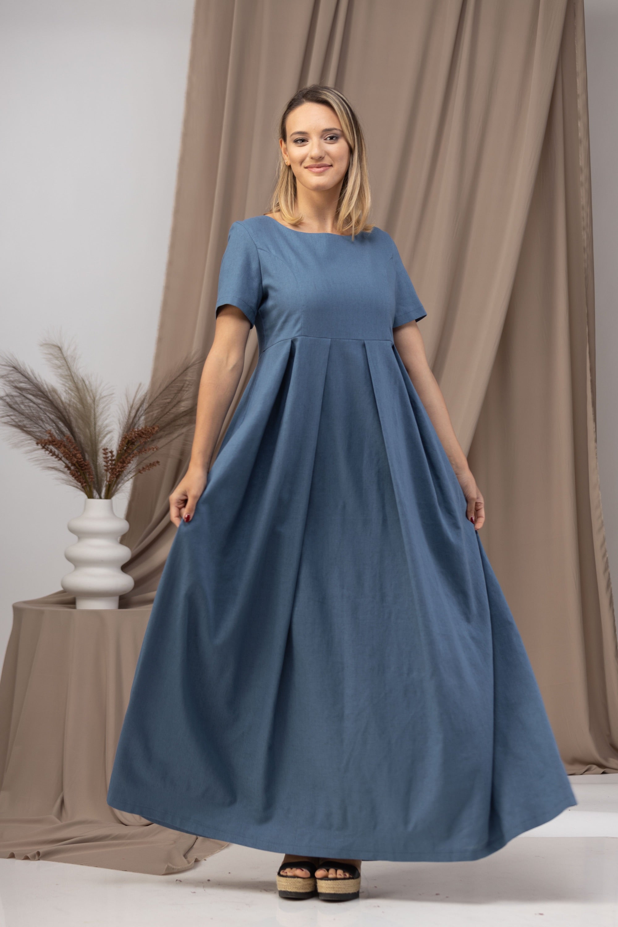 fitted lace wedding dress Short Sleeve Maxi Linen Dress with Pockets from NikkaPlace