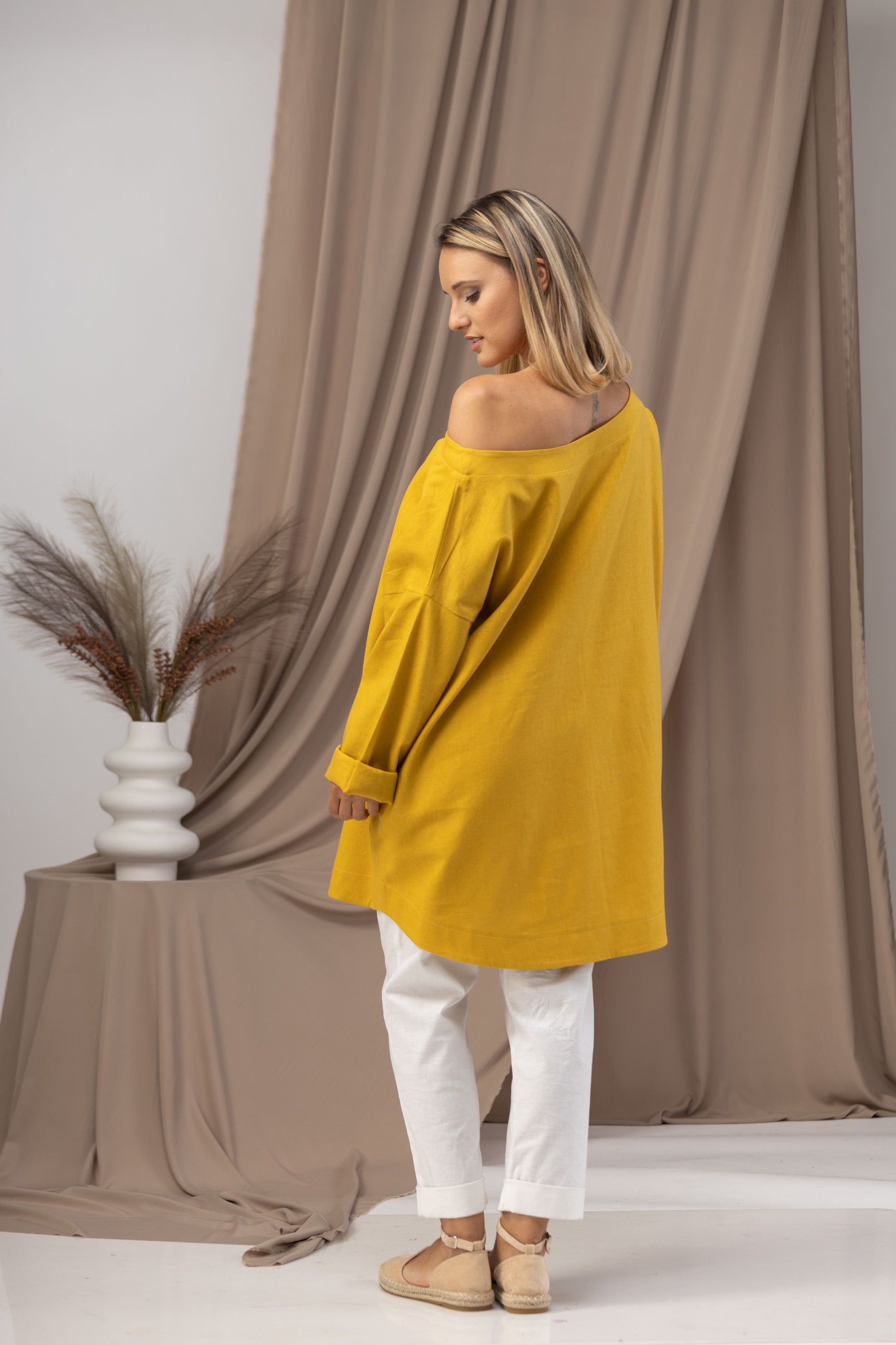 Back view of Lightweight off shoulder tunic in linen