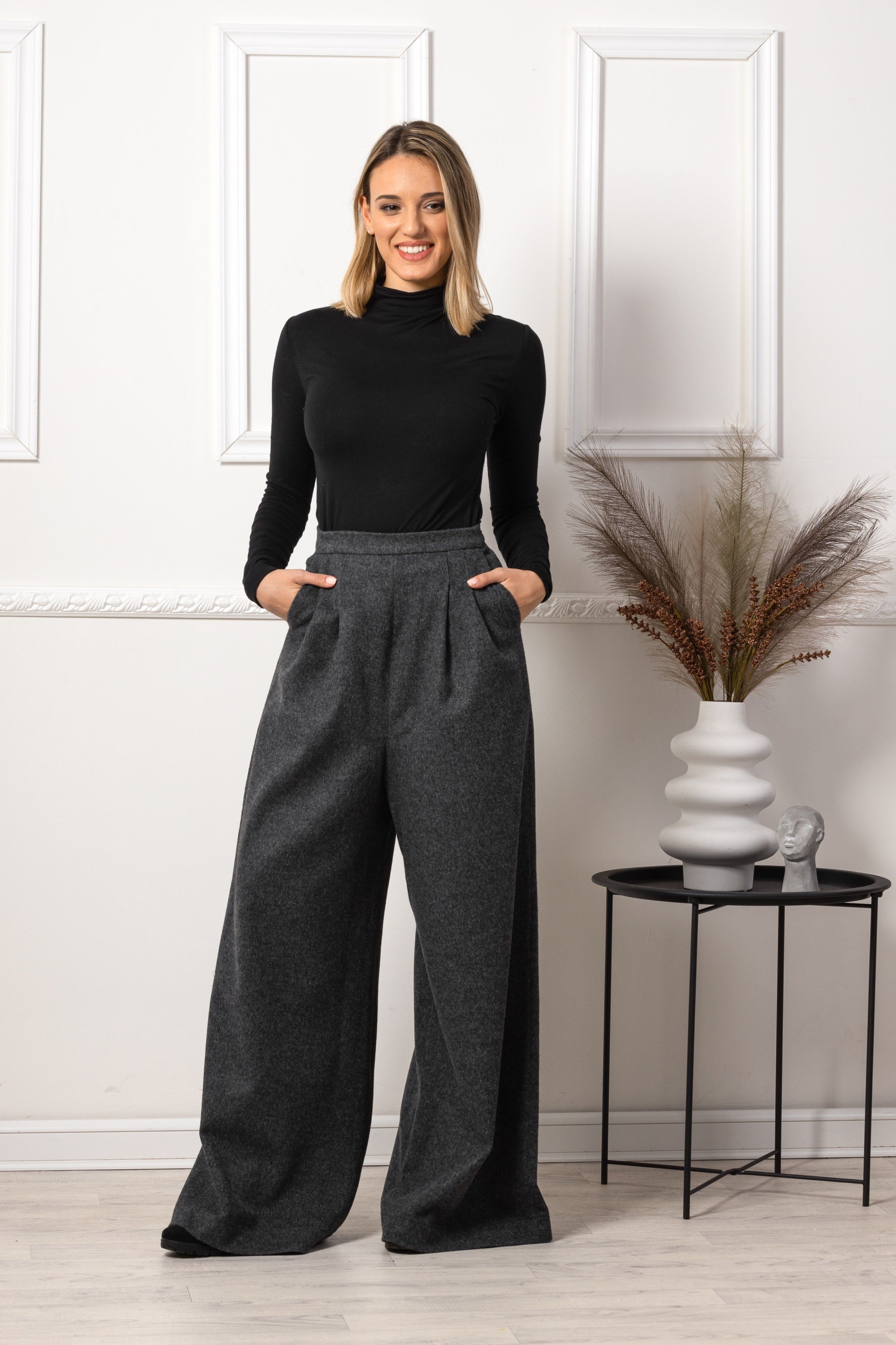 Wide leg wool pants for women