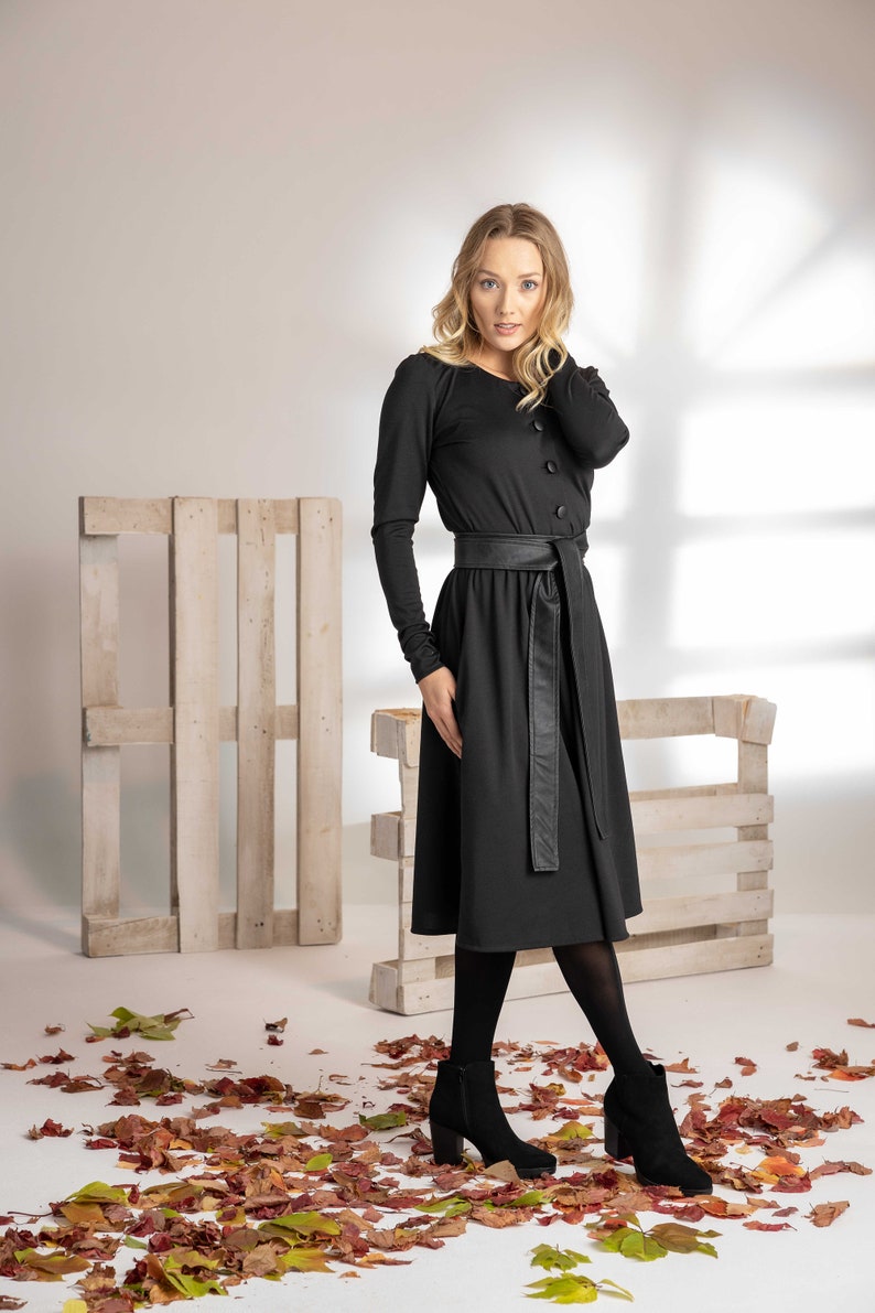 knee length dresses for ladies Midi Belted Long Sleeve Dress from NikkaPlace