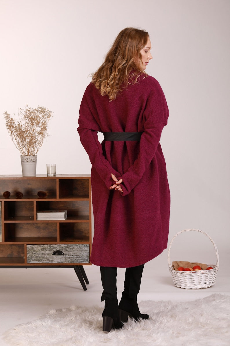 Back view of Long wool cardigan with faux leather belt