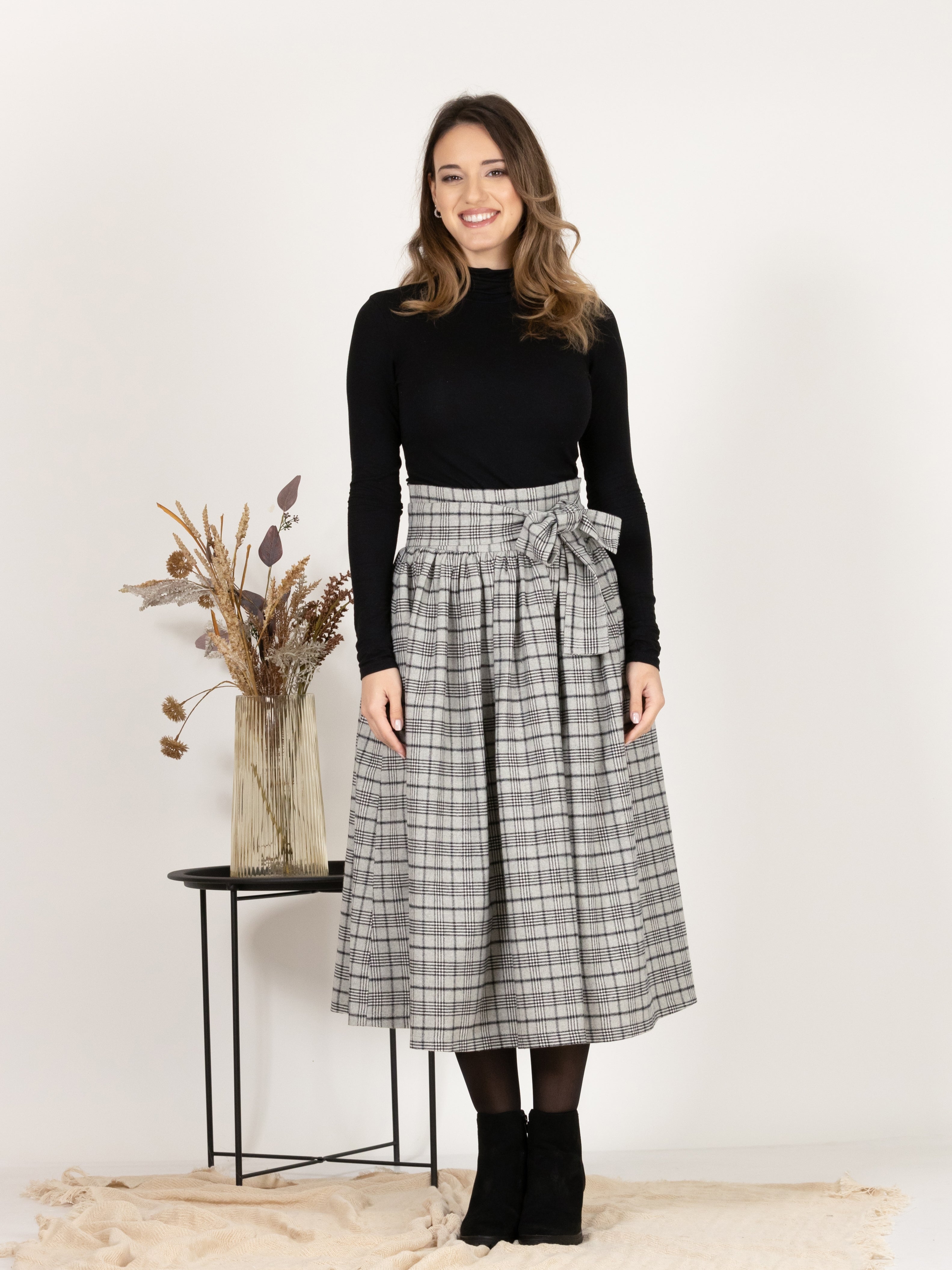 Wool Midi Plaid Skirt with High Waisted Bow and Pockets