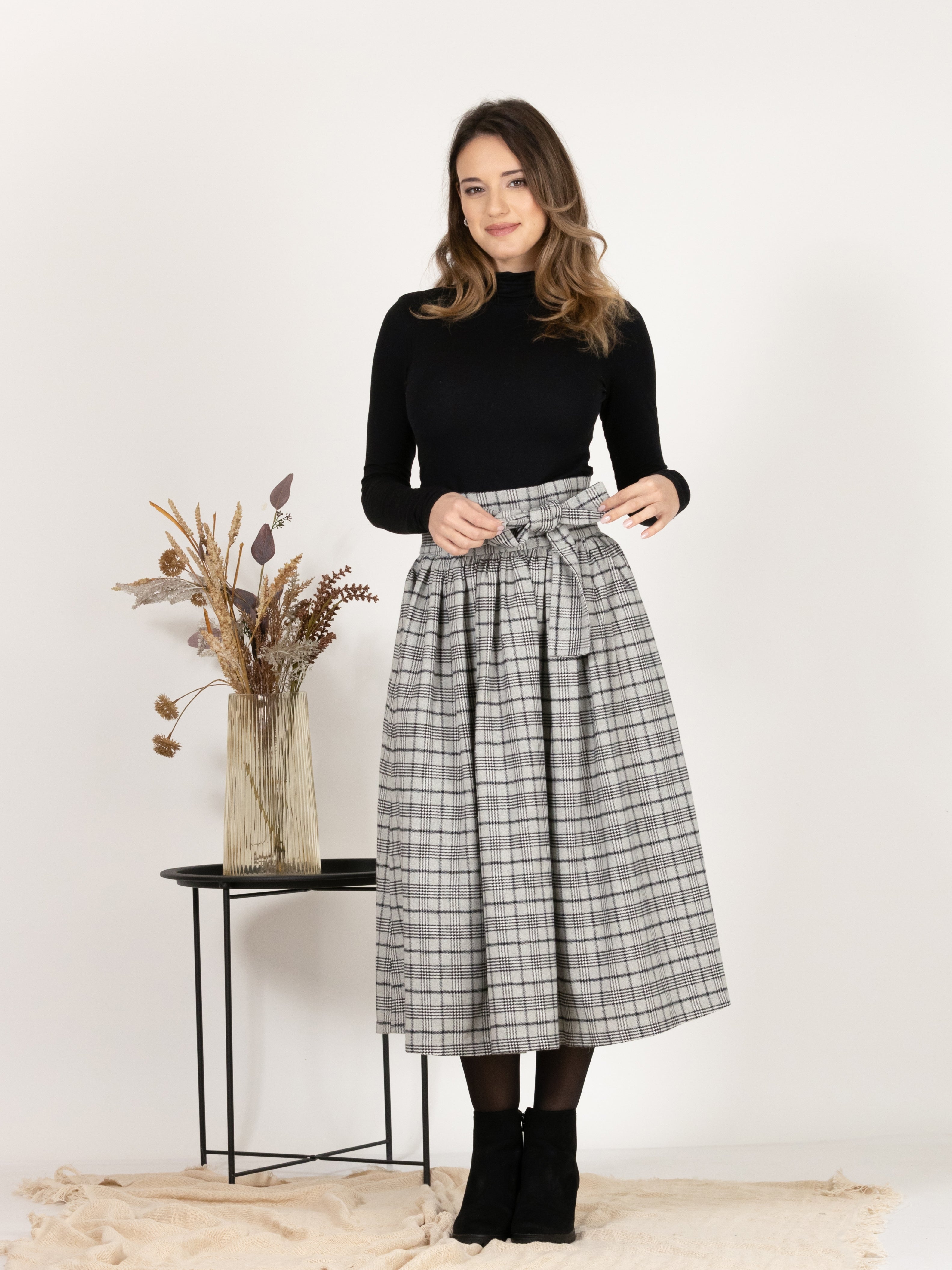 Wool Midi Plaid Skirt with High Waisted Bow and Pockets