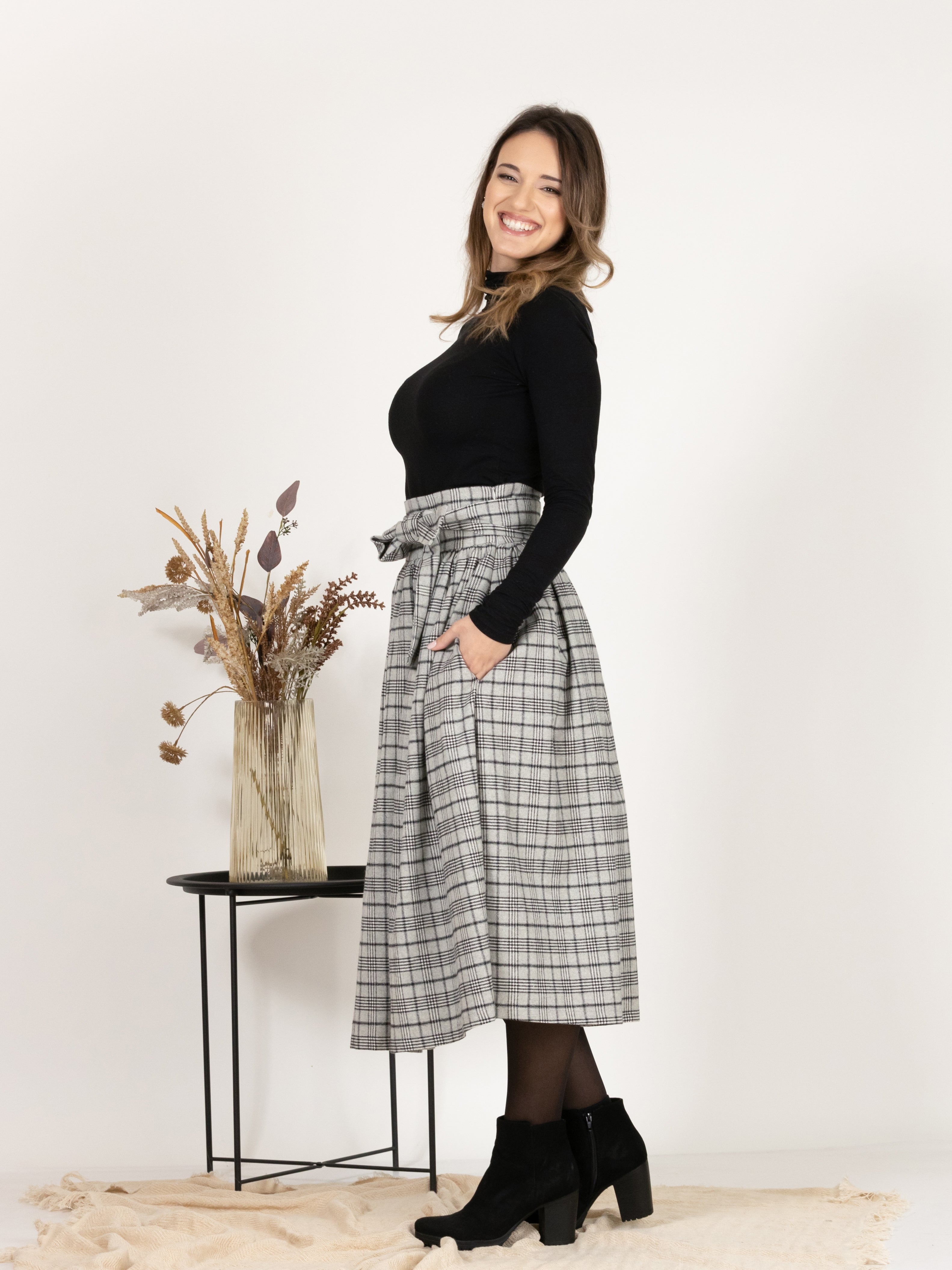 Wool Midi Plaid Skirt with High Waisted Bow and Pockets