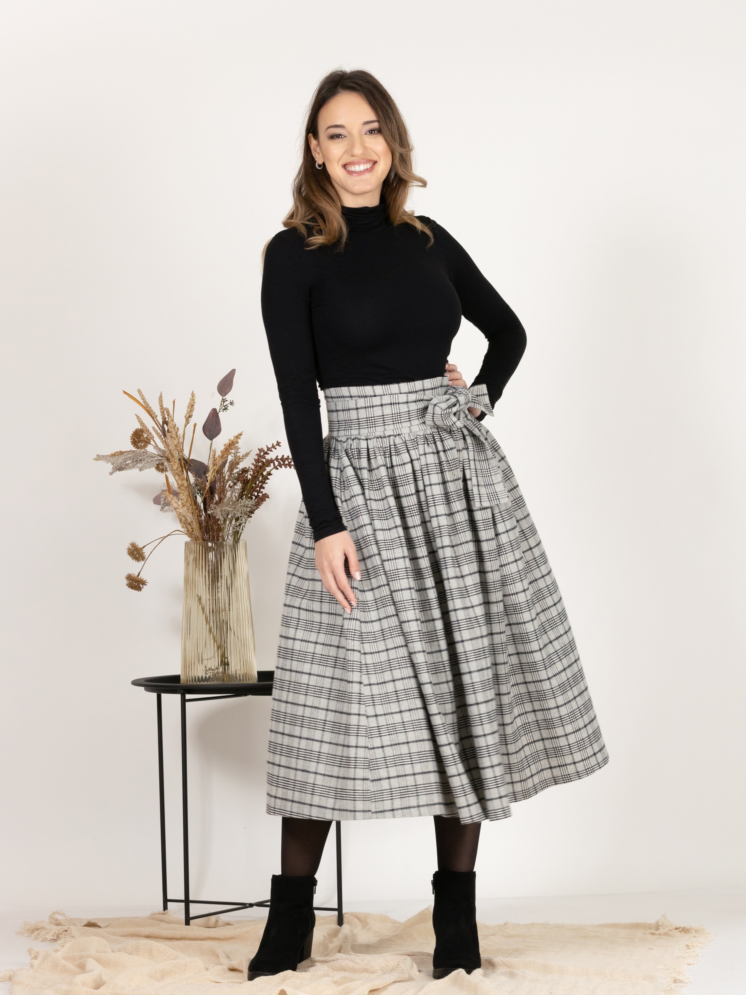 Wool Midi Plaid Skirt with High Waisted Bow and Pockets