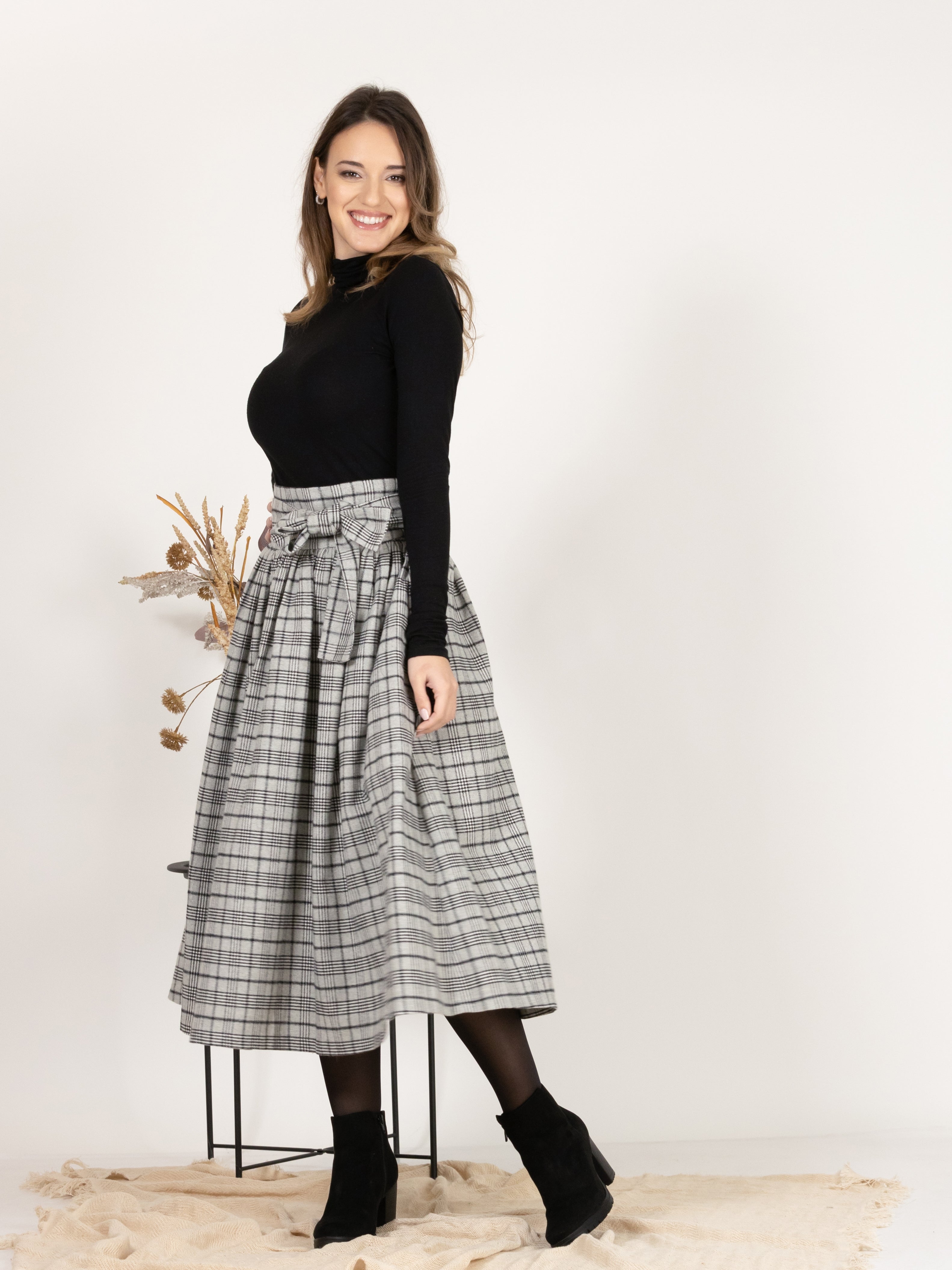 Wool Midi Plaid Skirt with High Waisted Bow and Pockets