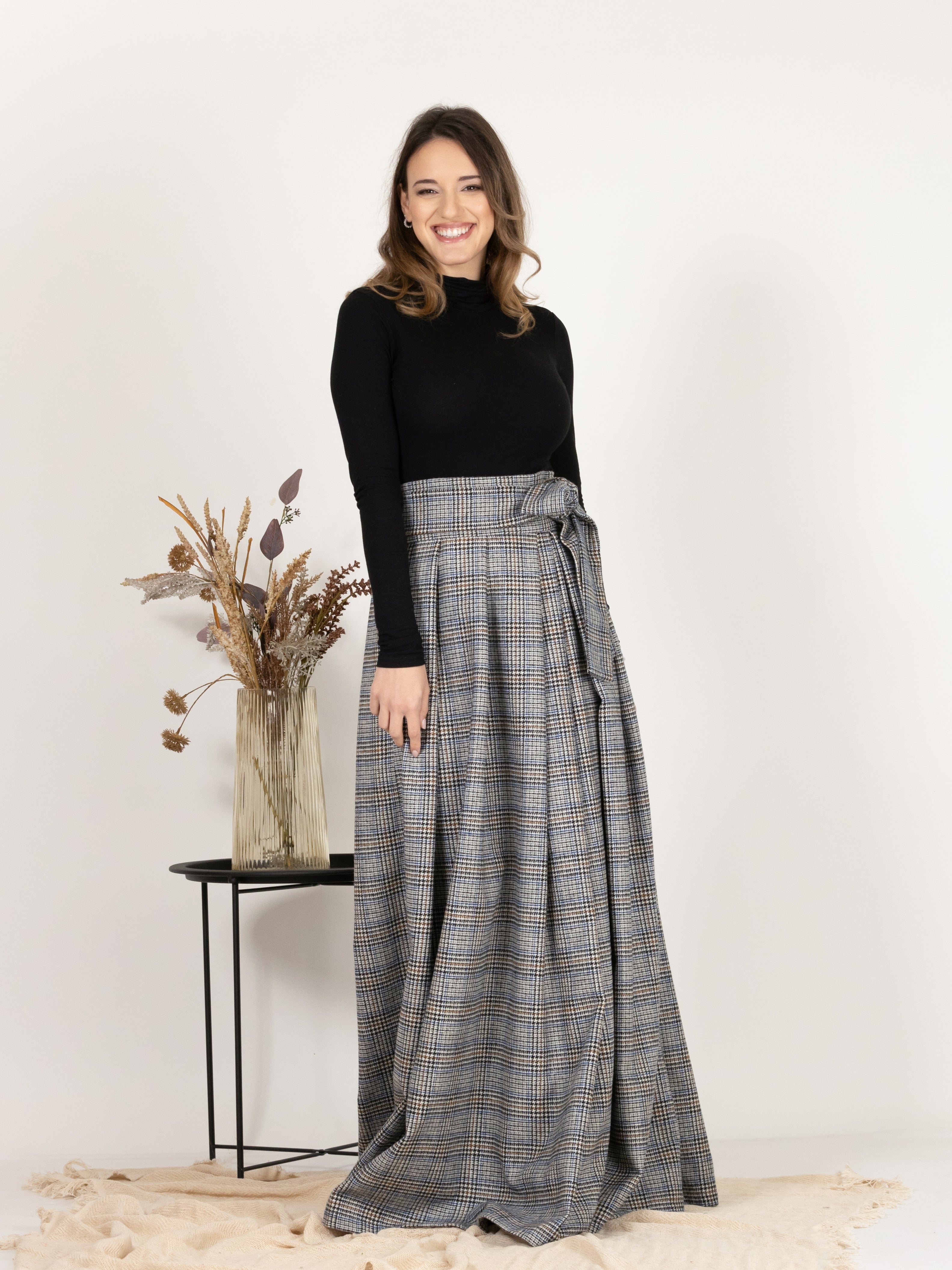 Plaid Wool Pleated Skirt with Ultra High Waist and Bow