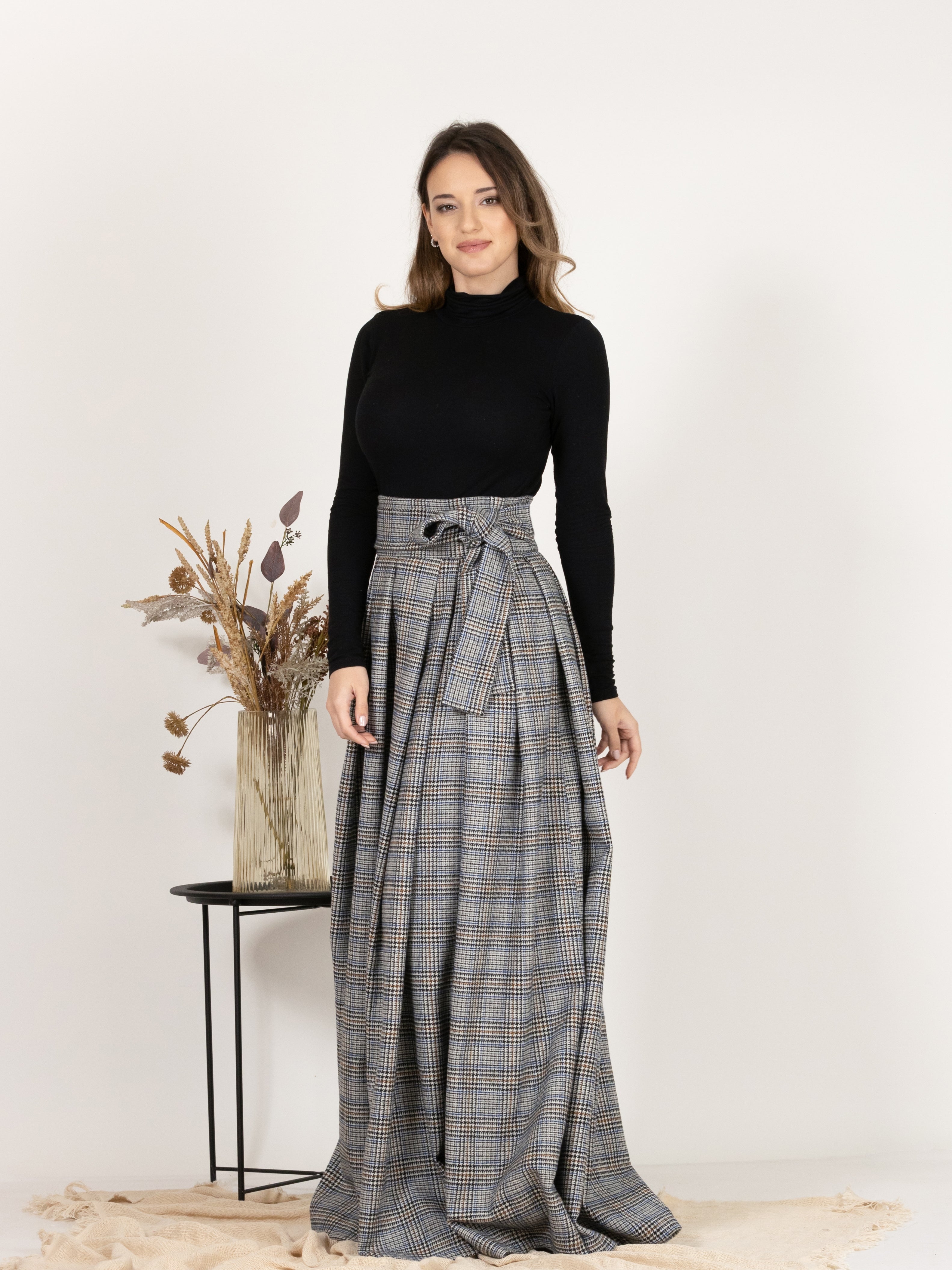 Plaid Wool Pleated Skirt with Ultra High Waist and Bow