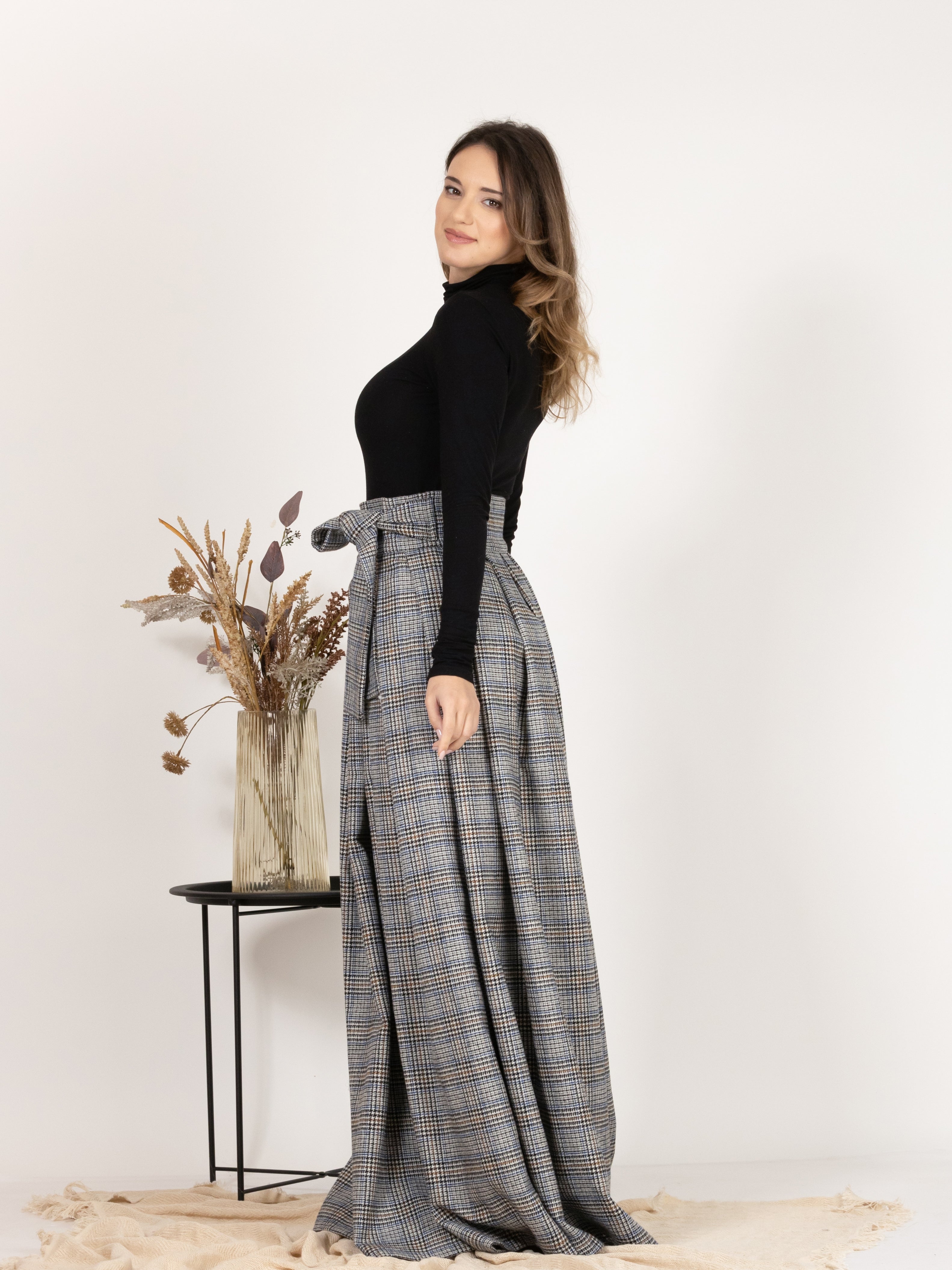 Plaid Wool Pleated Skirt with Ultra High Waist and Bow