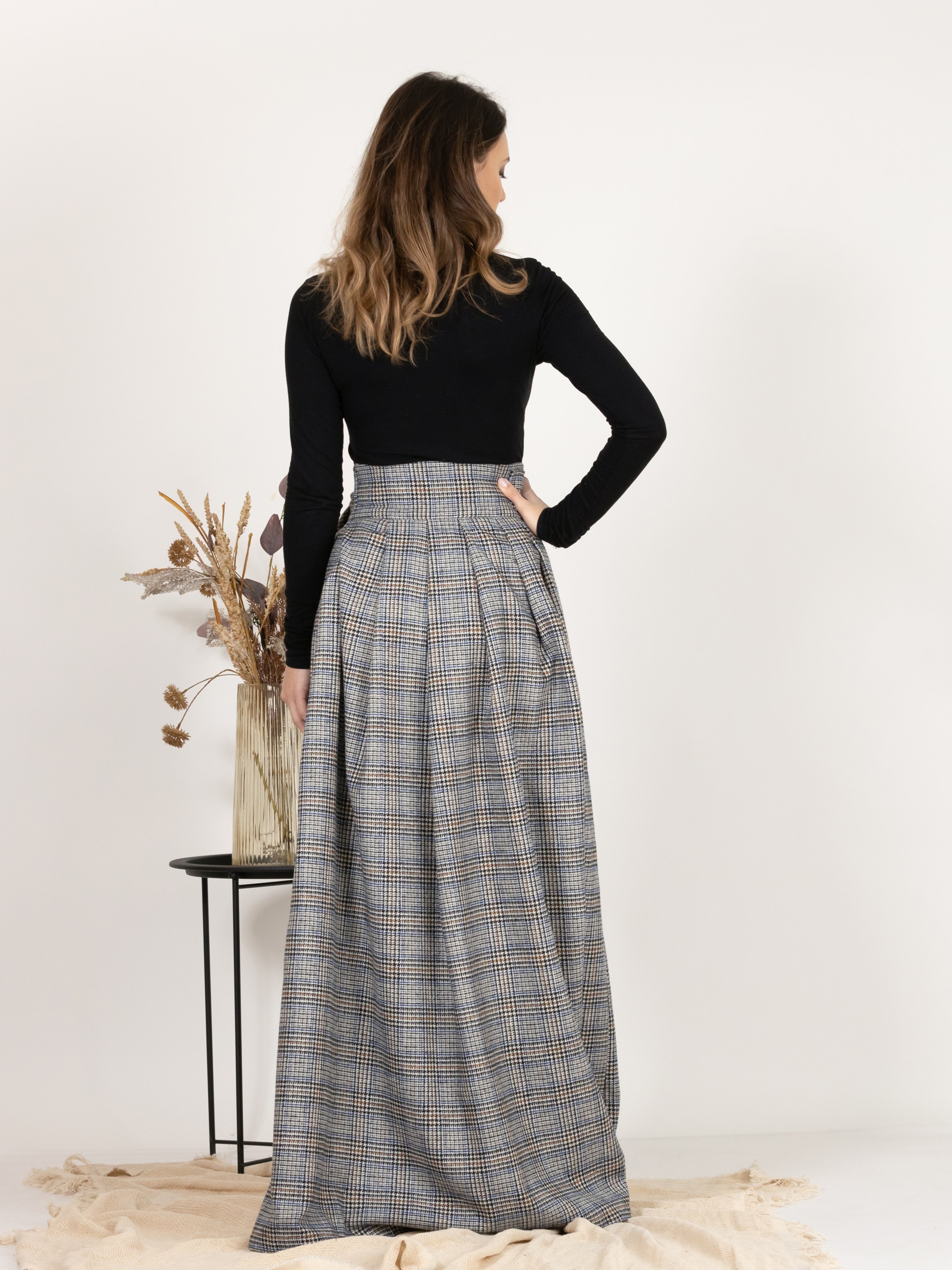 Plaid Wool Pleated Skirt with Ultra High Waist and Bow