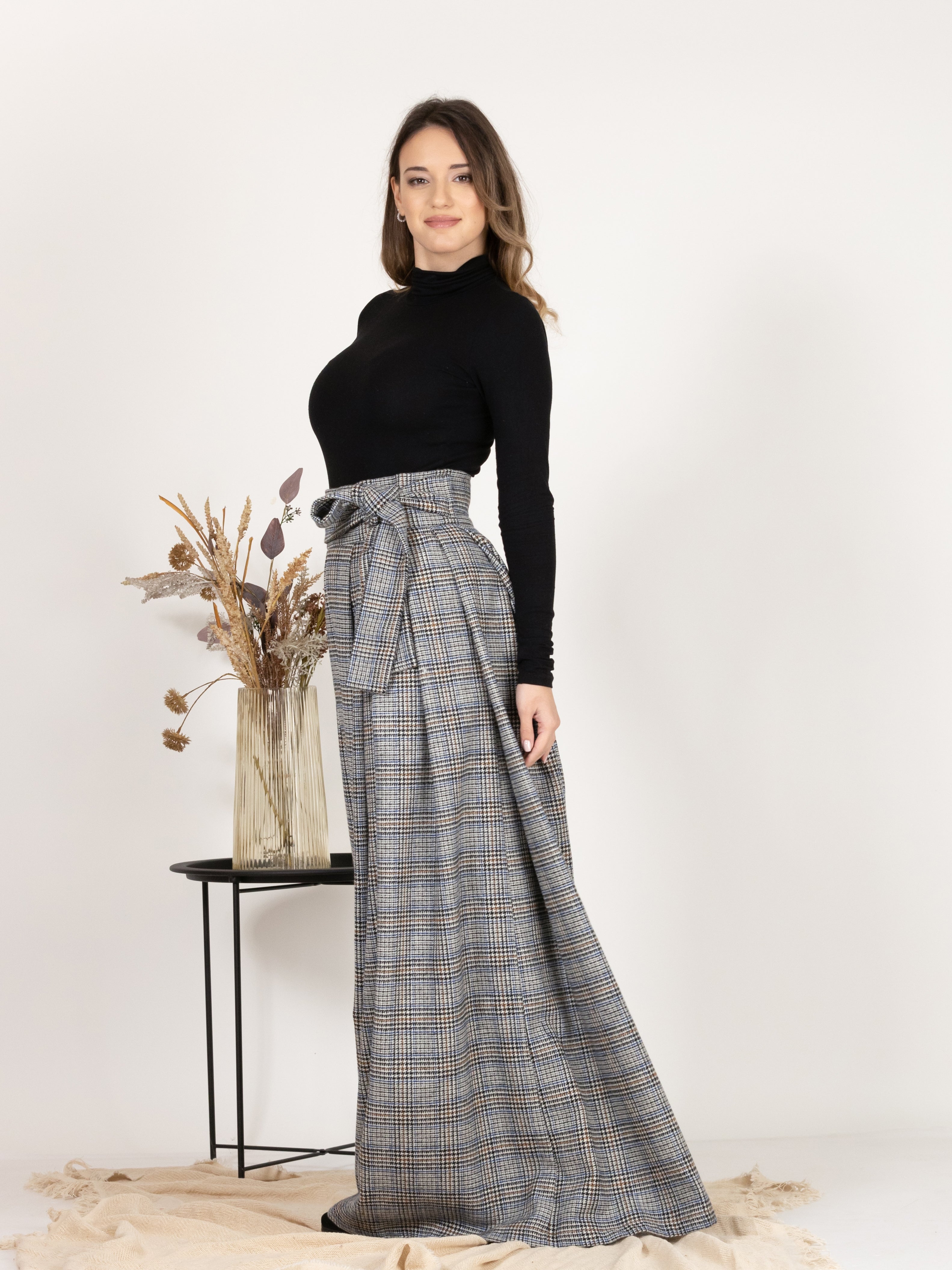 Plaid Wool Pleated Skirt with Ultra High Waist and Bow