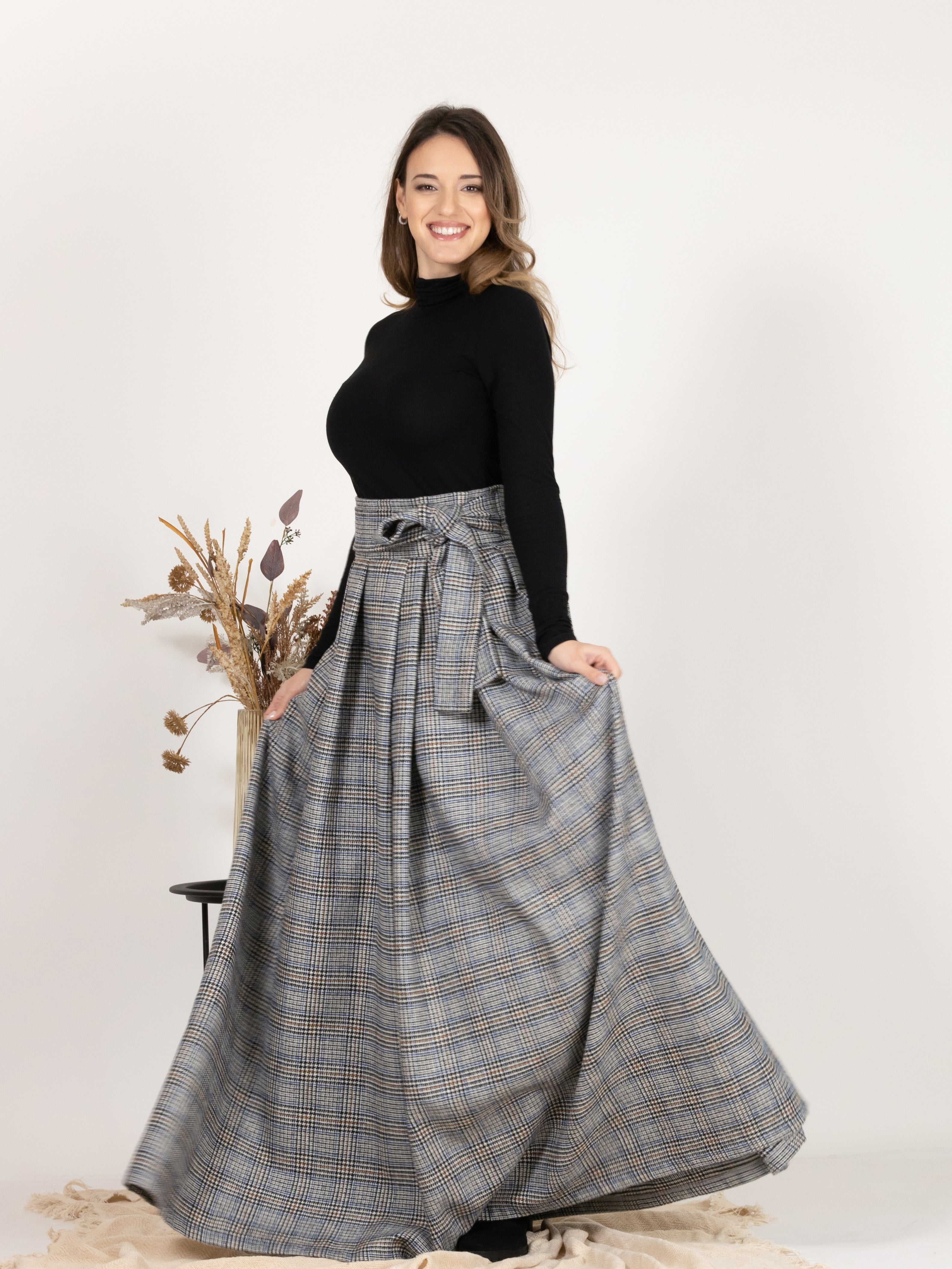 Plaid Wool Pleated Skirt with Ultra High Waist and Bow