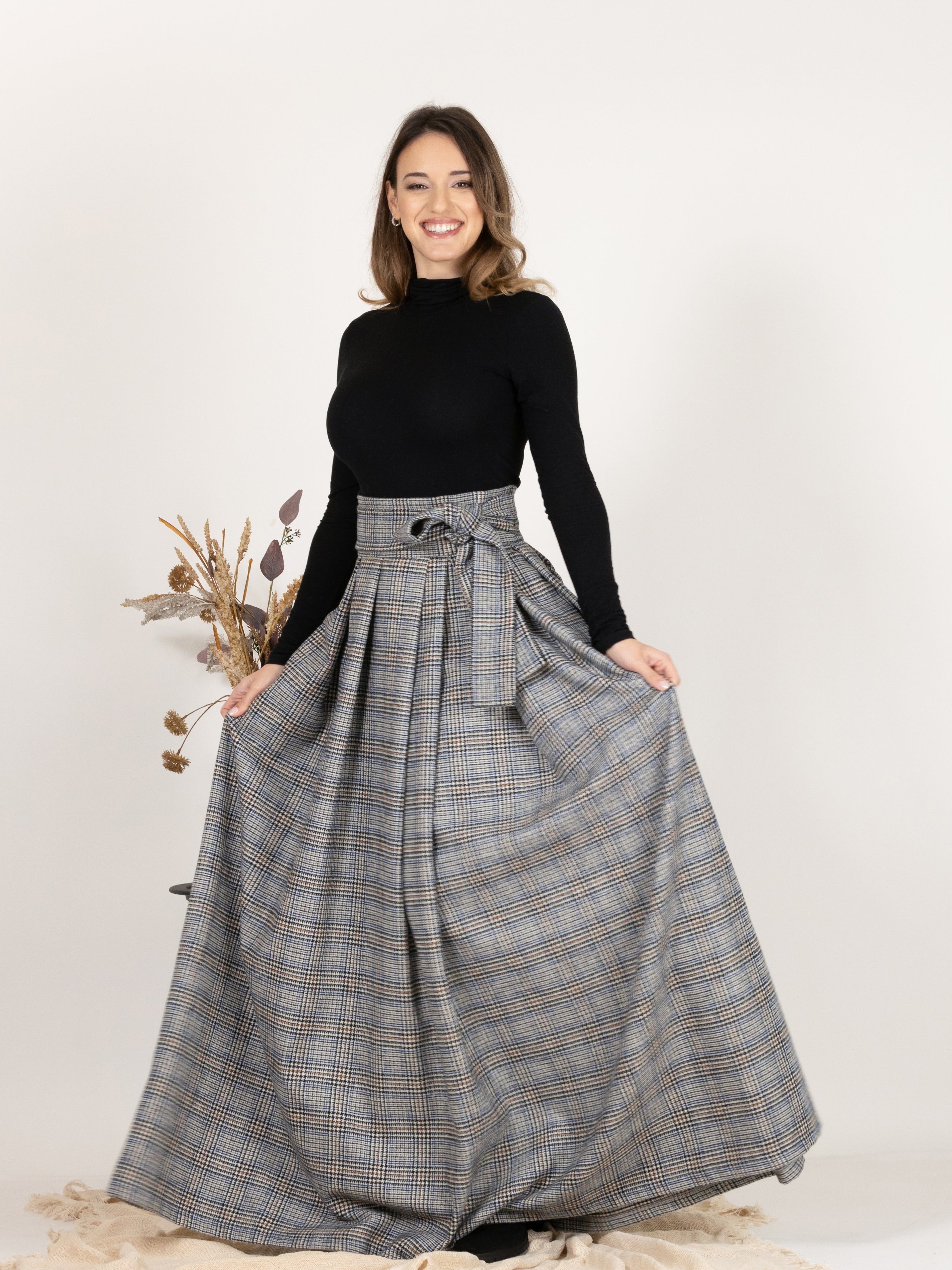 Plaid Wool Pleated Skirt with Ultra High Waist and Bow