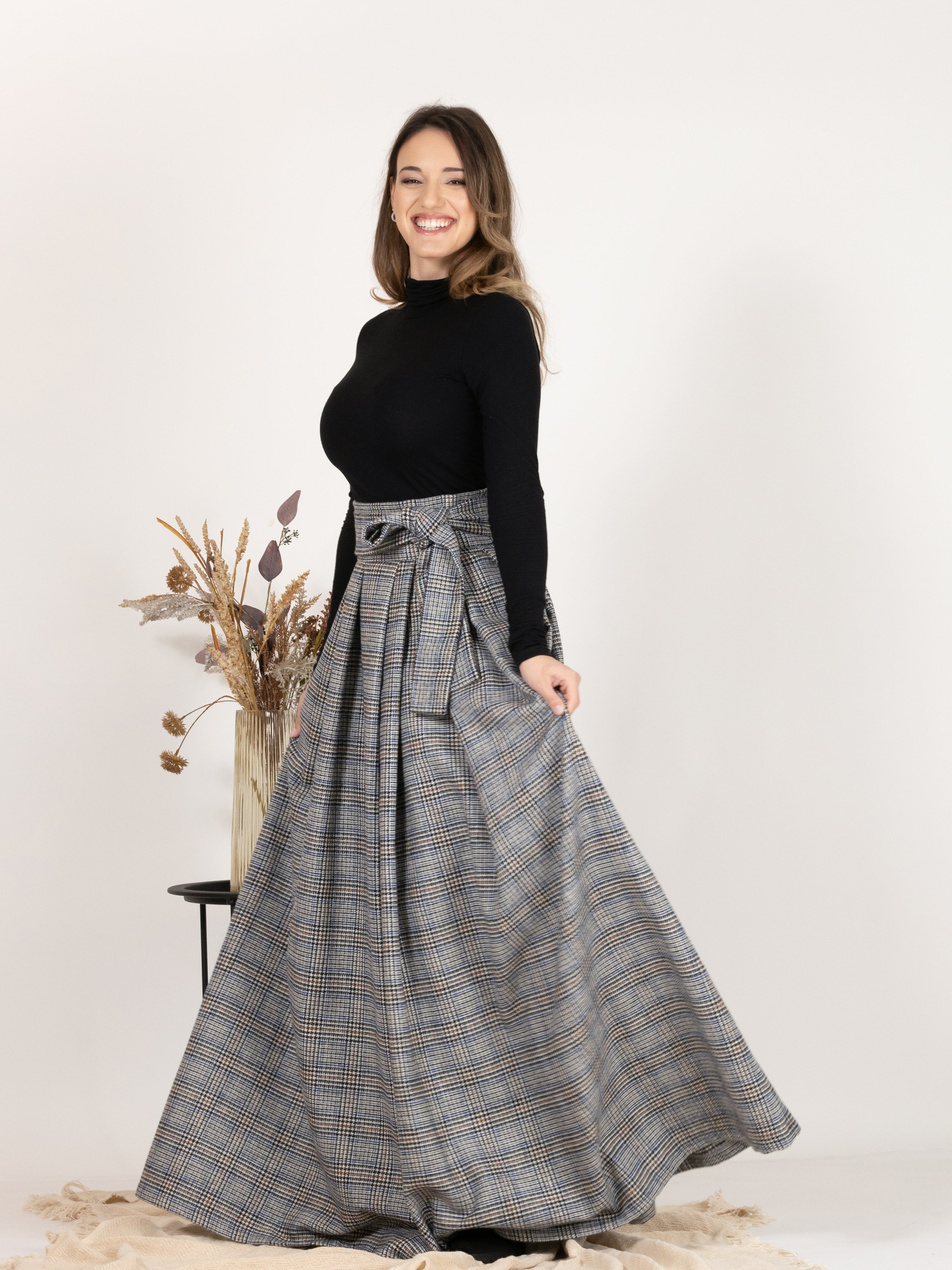 Plaid Wool Pleated Skirt with Ultra High Waist and Bow