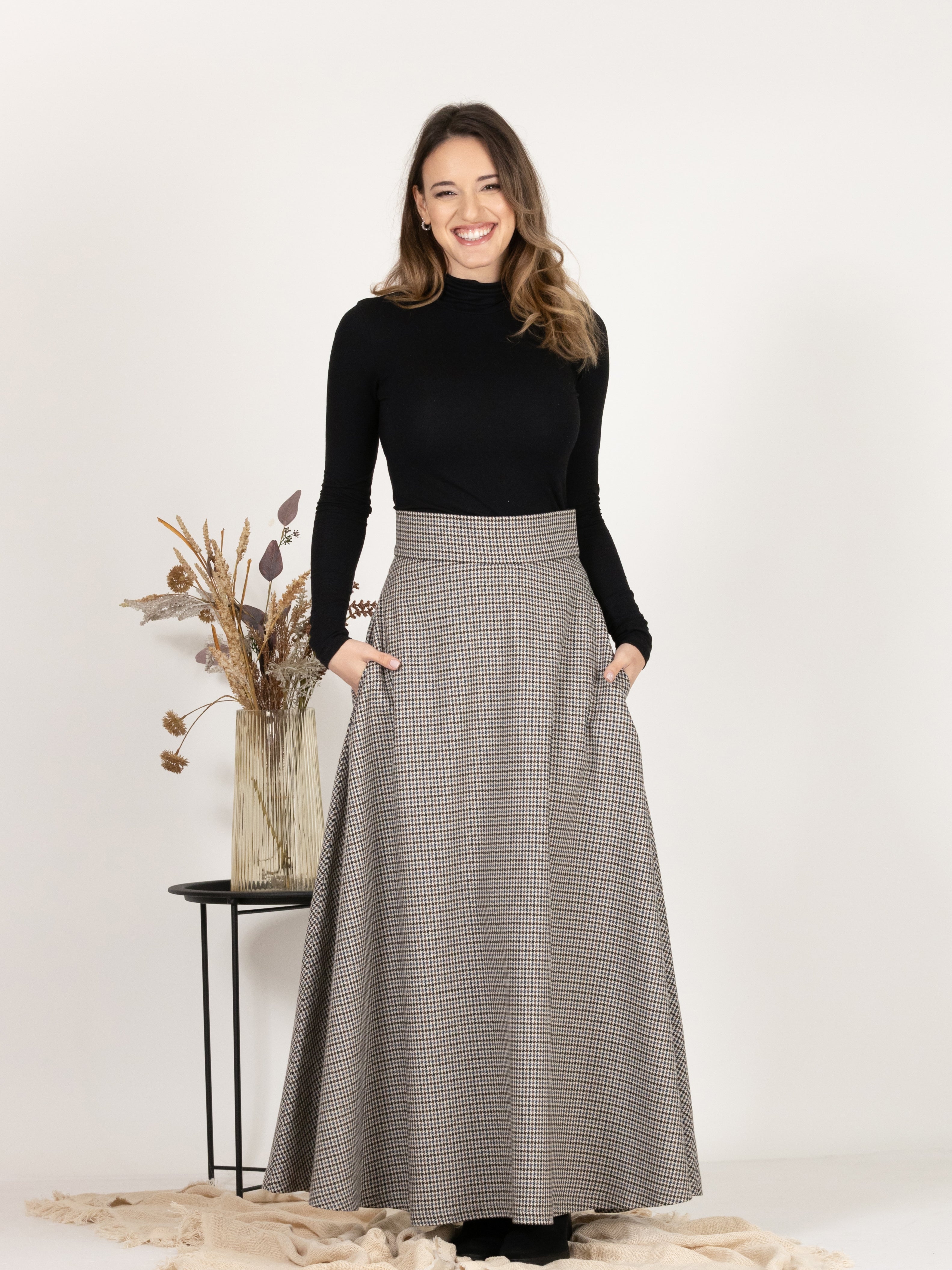 Wool Maxi A-Line Skirt with Pockets in Houndstooth Pattern