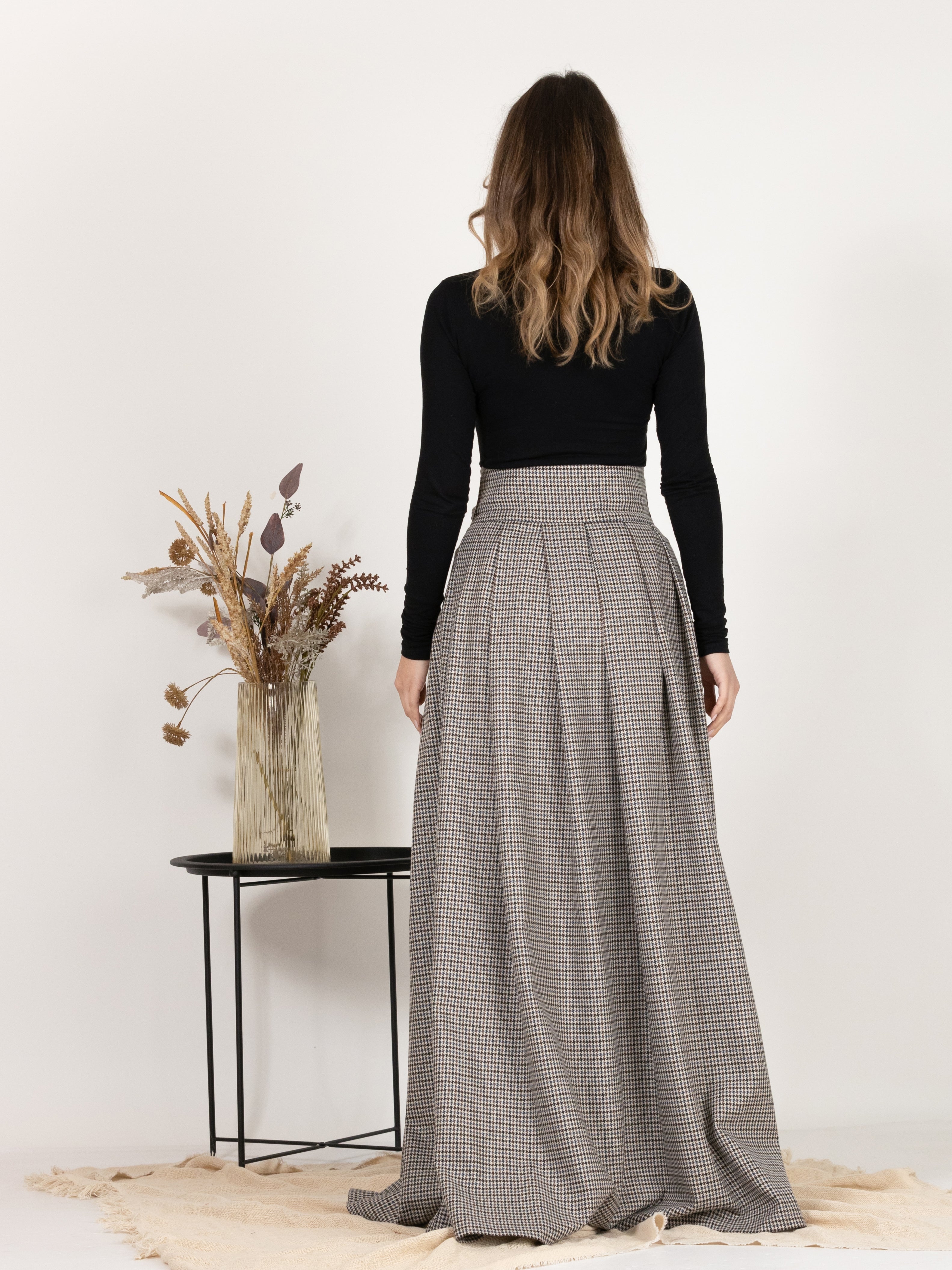 High Waisted Wool Long Skirt with Bow in Houndstooth Pattern