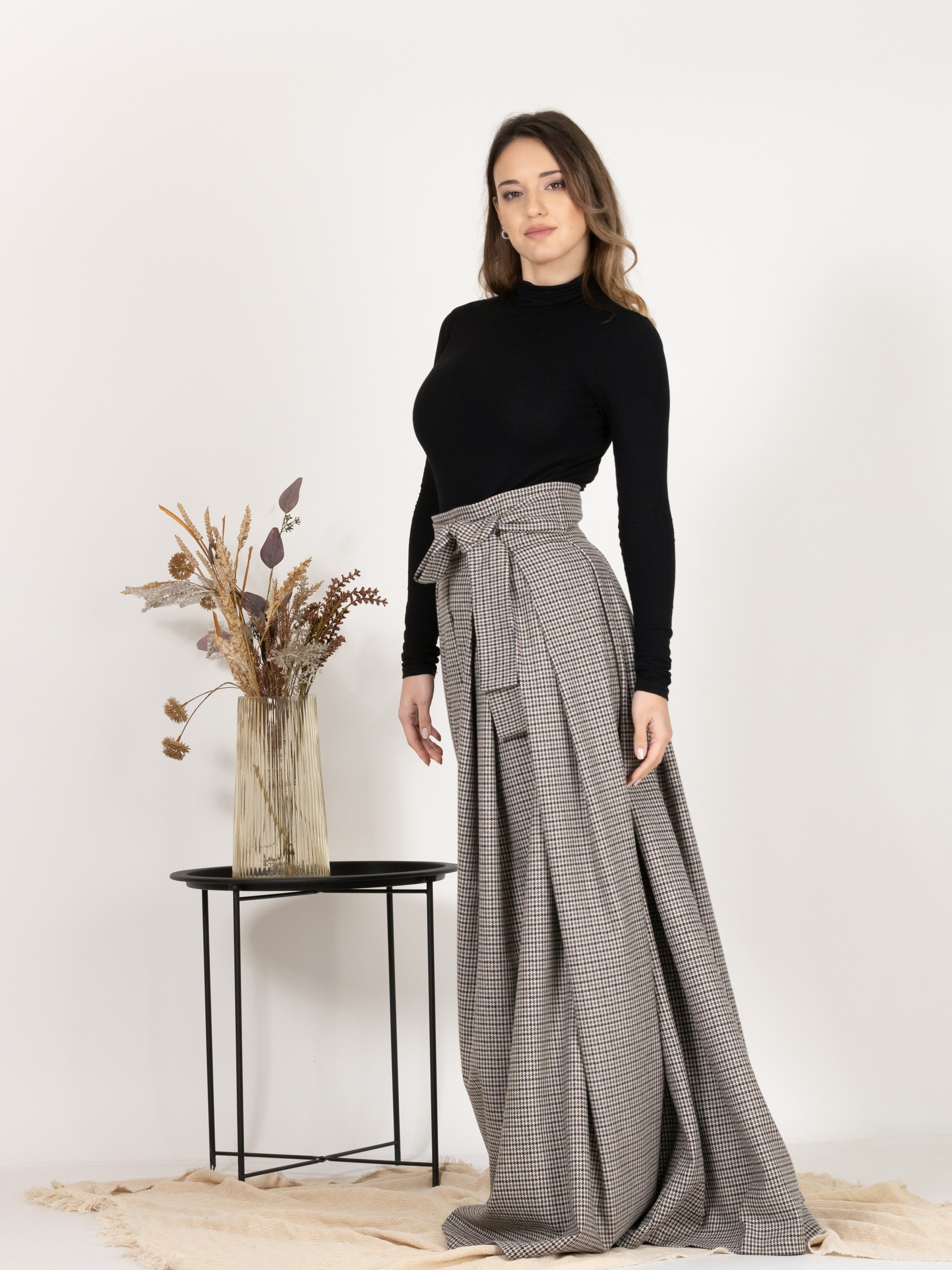 High Waisted Wool Long Skirt with Bow in Houndstooth Pattern