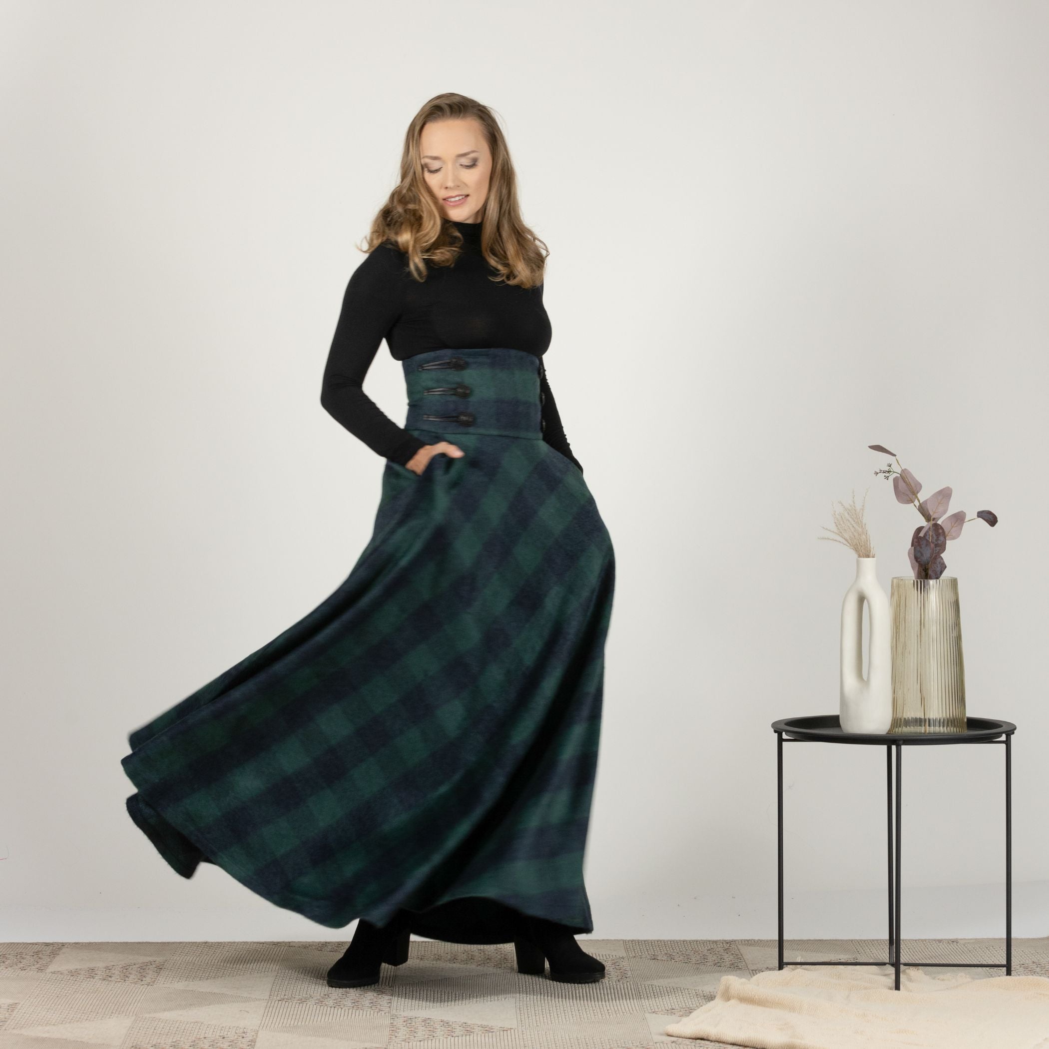 Green plaid skirt long hotsell