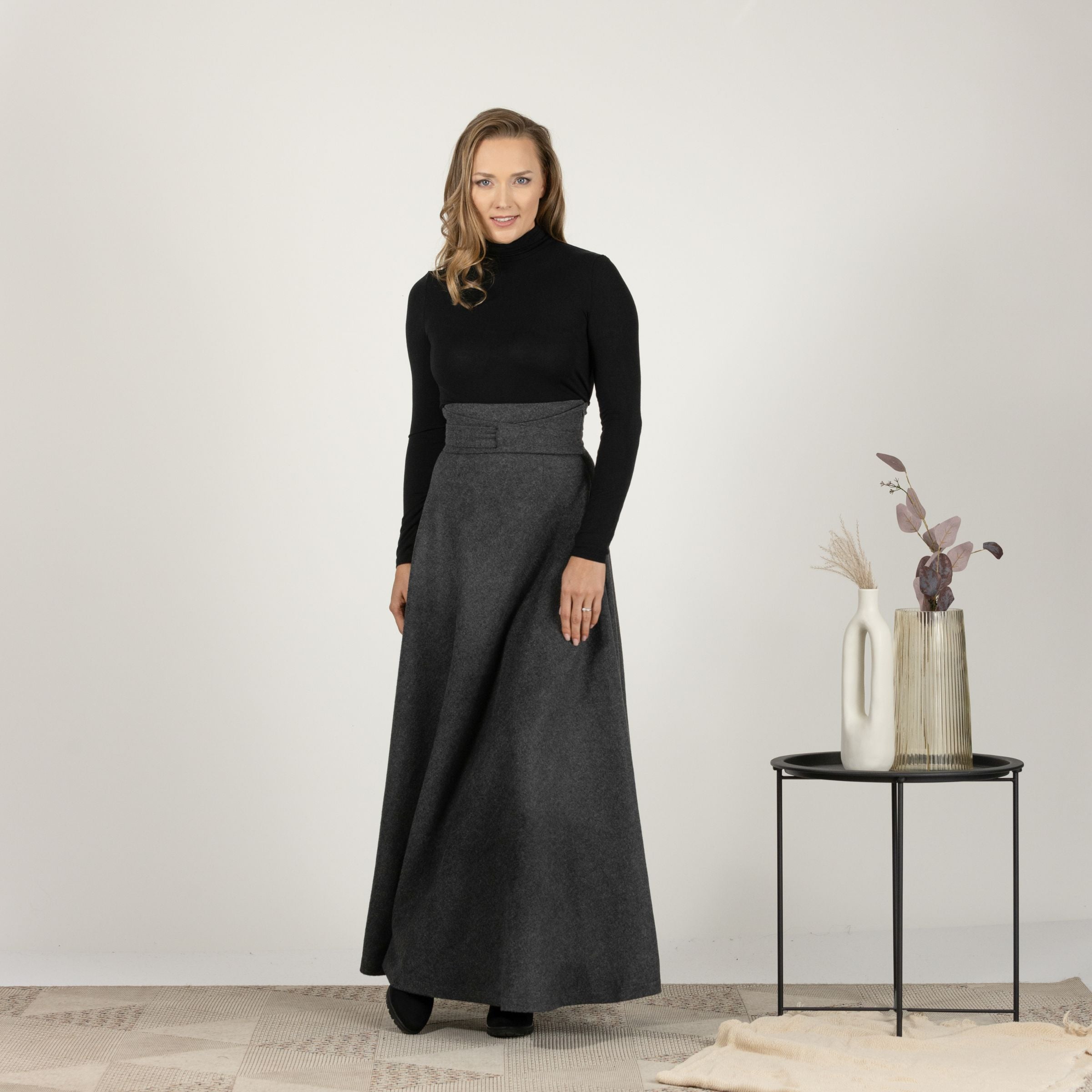 Front view showcasing A-line, flared silhouette of Wool Maxi Victorian Walking Skirt