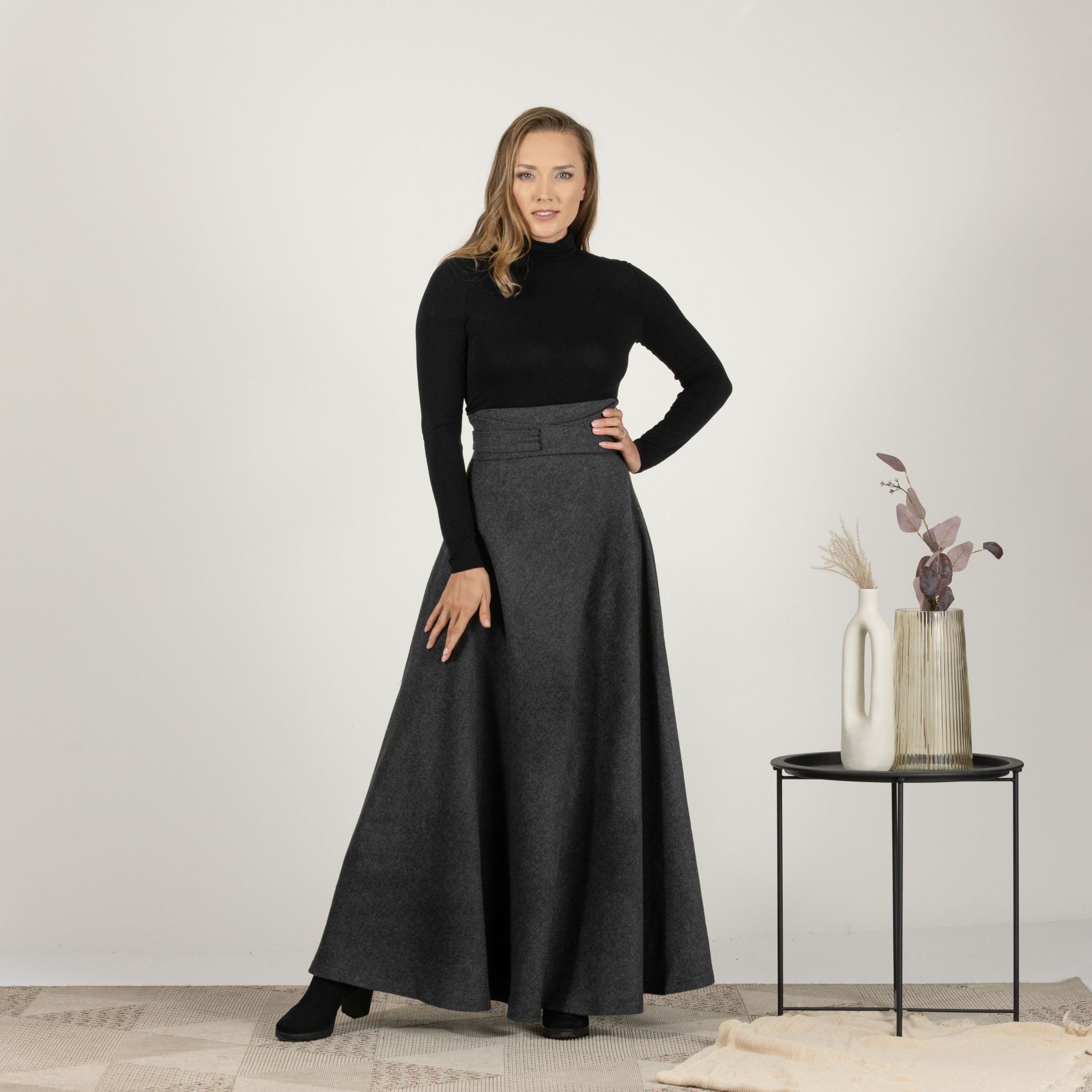 Elegant front view of Wool Maxi Victorian Walking Skirt with a retro charm