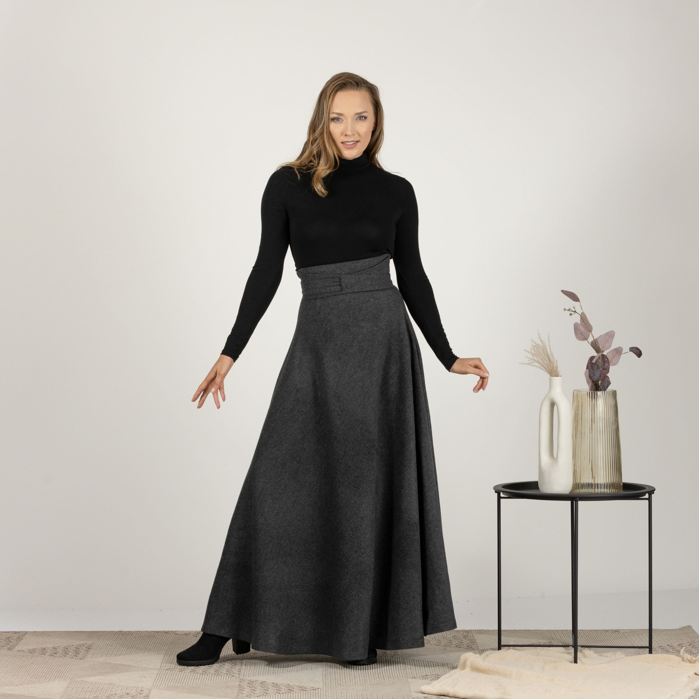 Front view emphasizing the timeless, classic design of Wool Maxi Victorian Walking Skirt