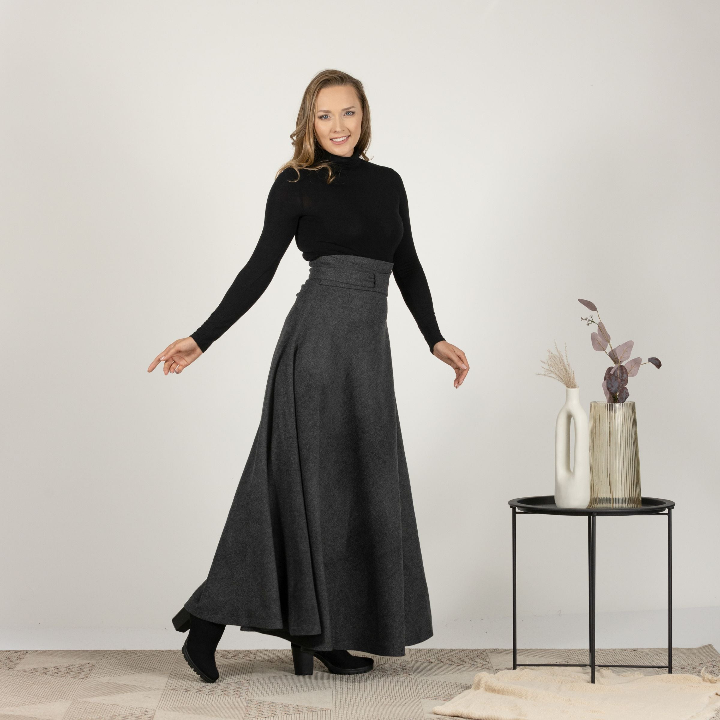 Side view of Wool Maxi Victorian Walking Skirt highlighting high waist and stylish waistband"