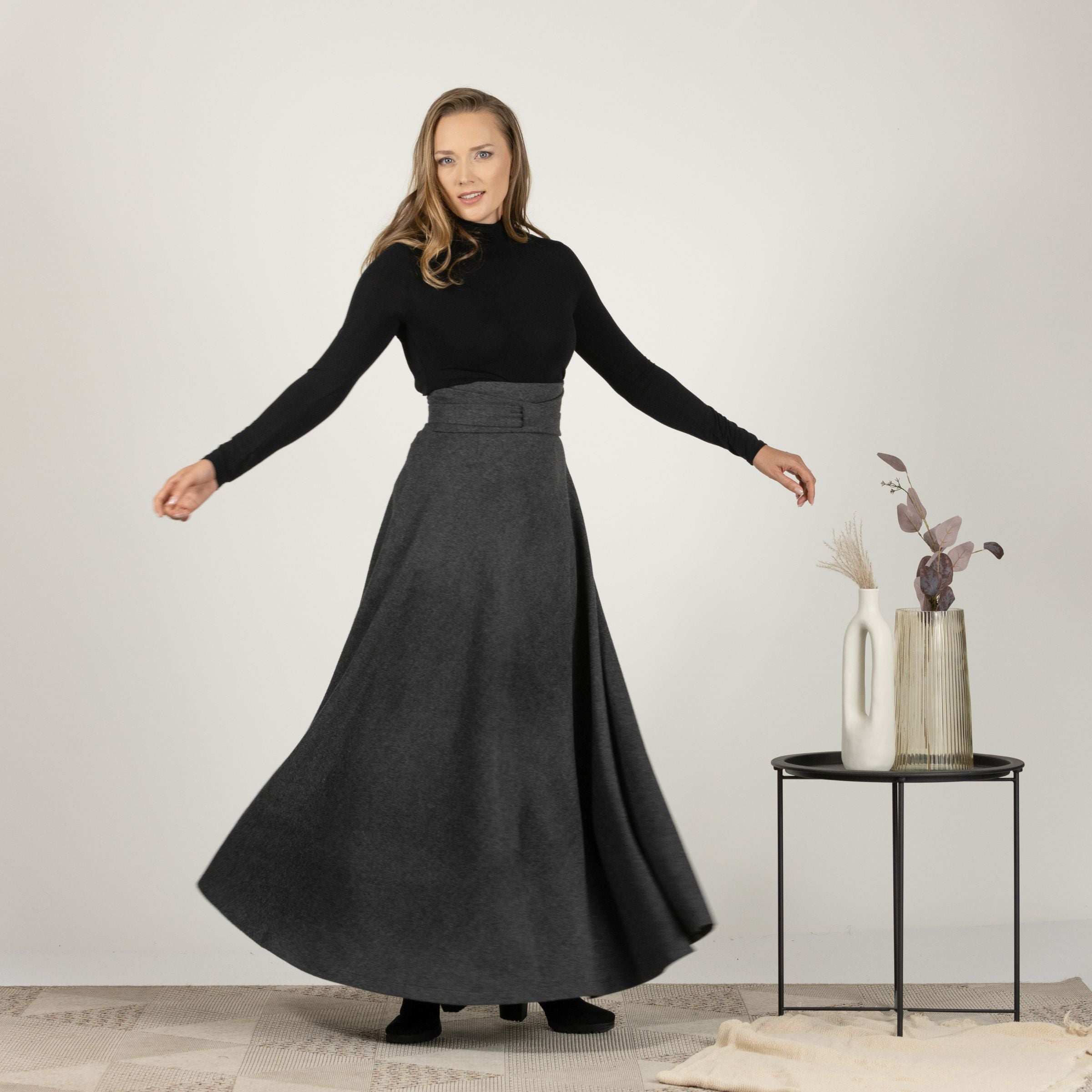 Front view of Wool Maxi Victorian Walking Skirt with elegant maxi length