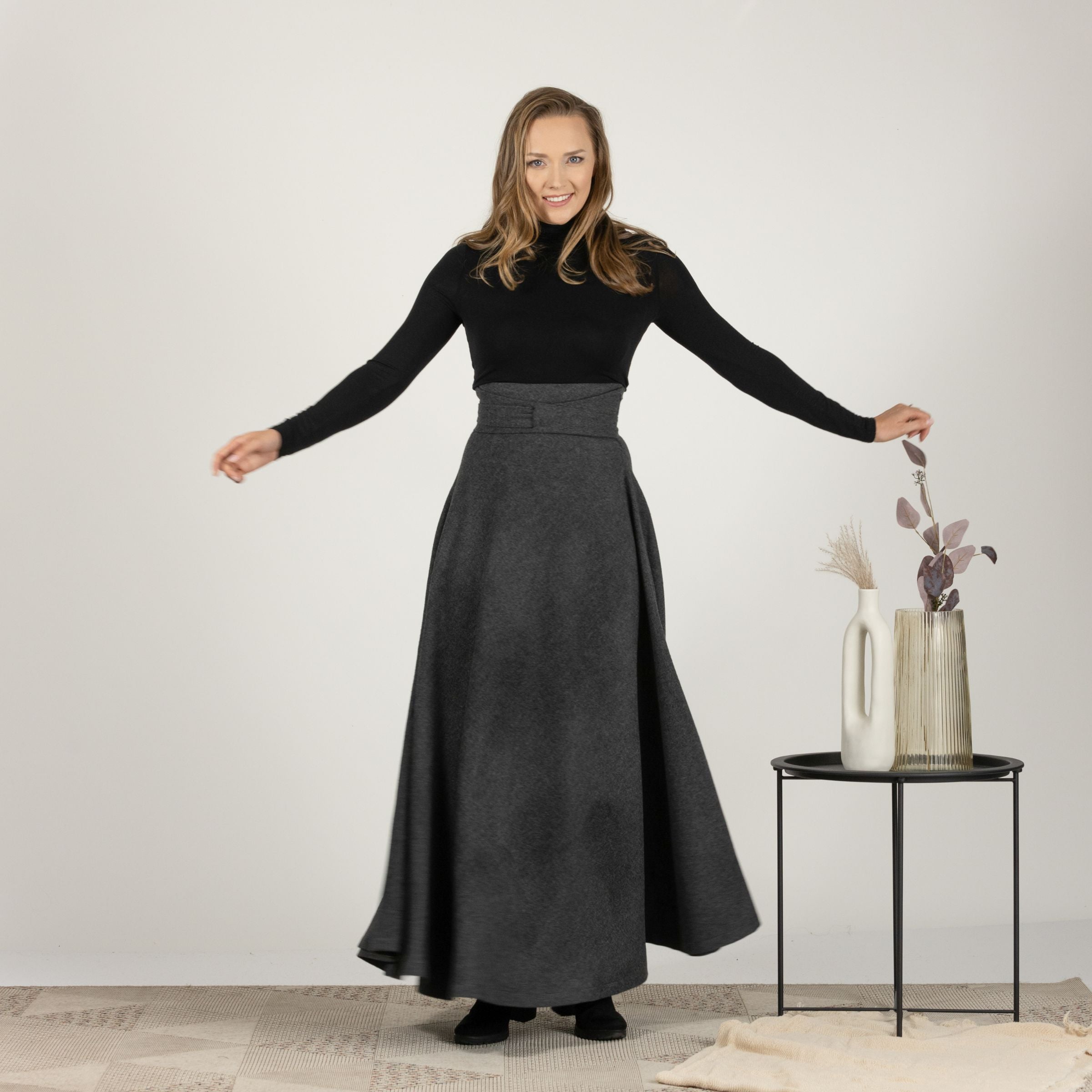 Front view of high waist Wool Maxi Victorian Walking Skirt in flared A-line style