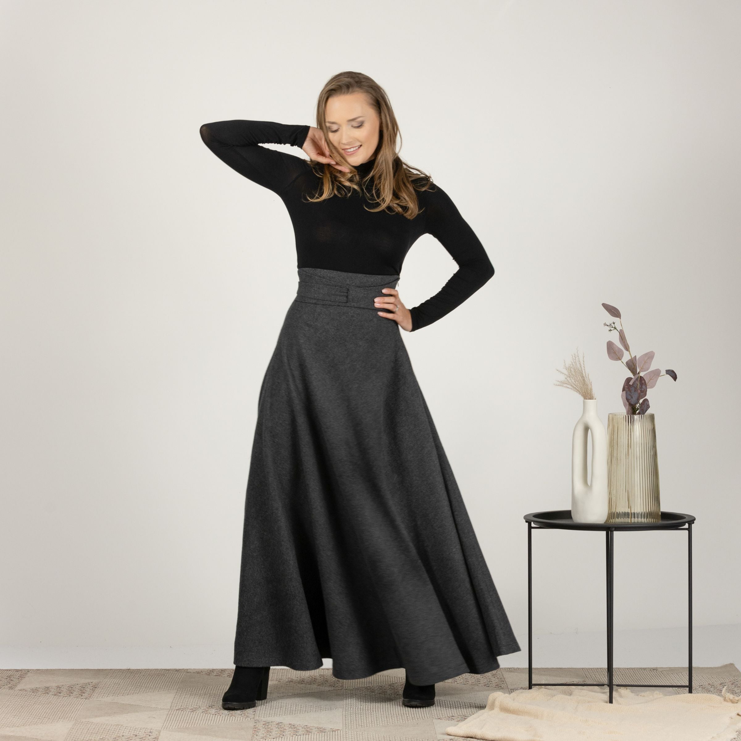 Elegant front view of Wool Maxi Victorian Walking Skirt with a retro charm