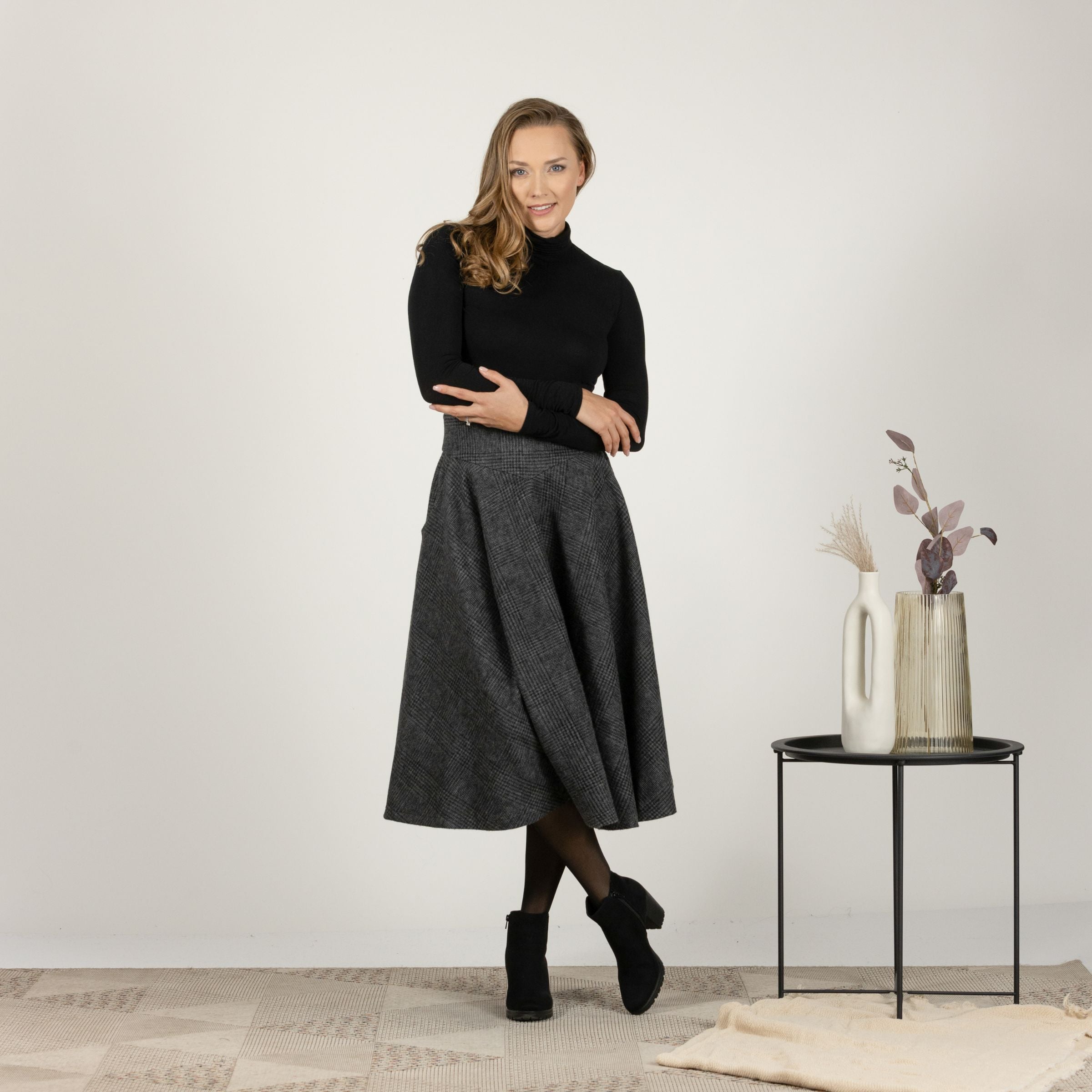 Elegant front view of Wool Midi Flare Skirt with high waist and A-line flare