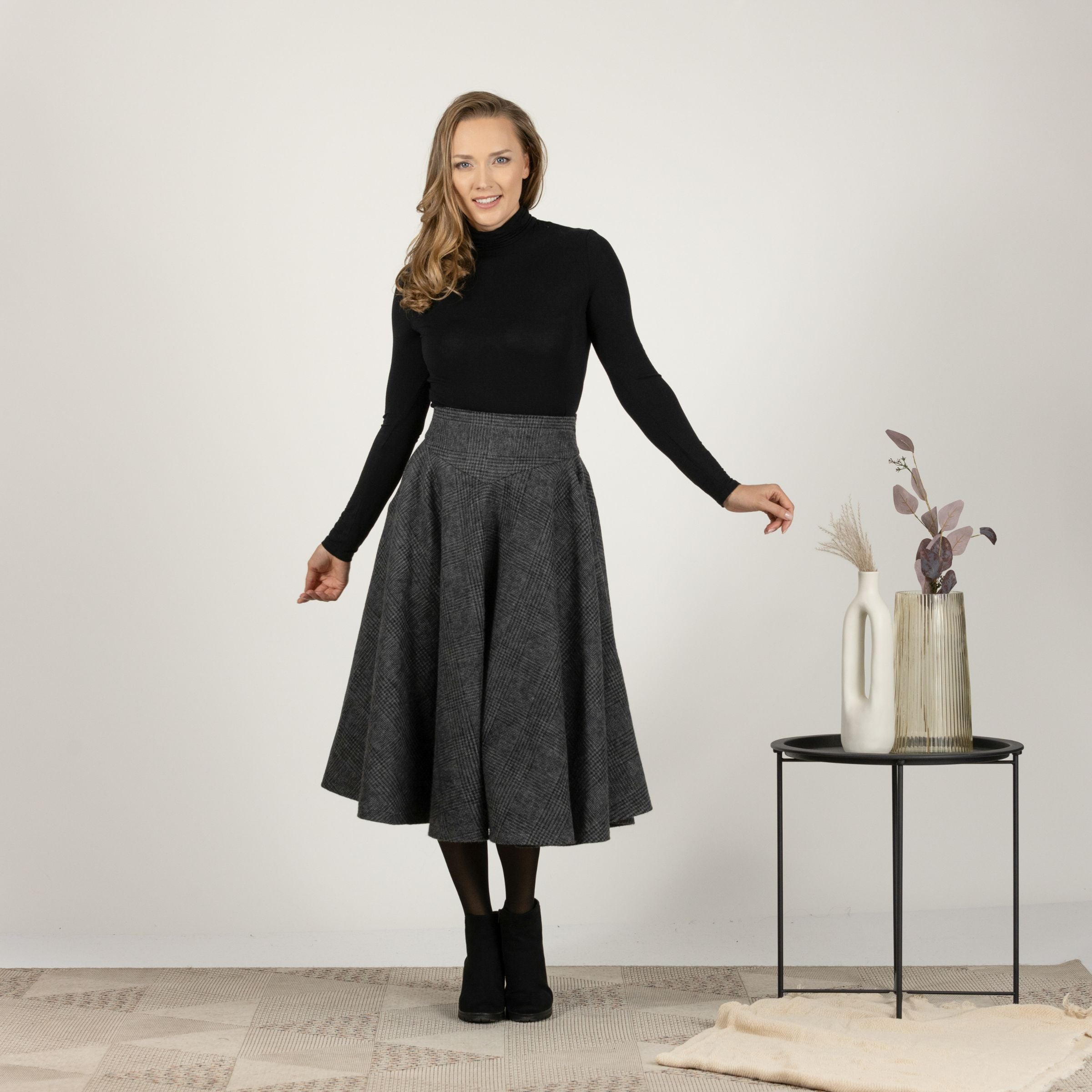 Front view of Wool Midi Flare Skirt with chic midi length