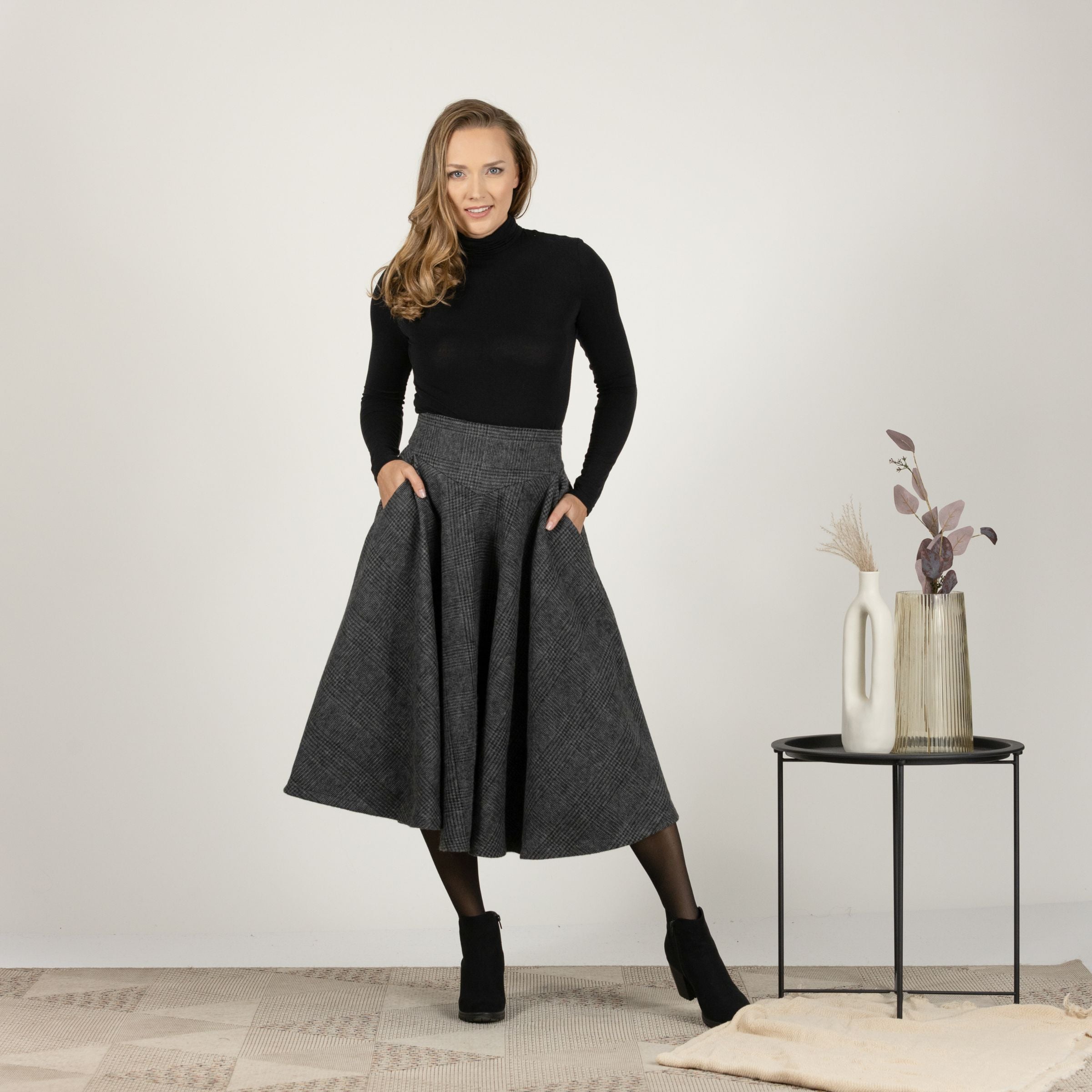 Front view of Wool Midi Flare Skirt highlighting high waist and A-line silhouette