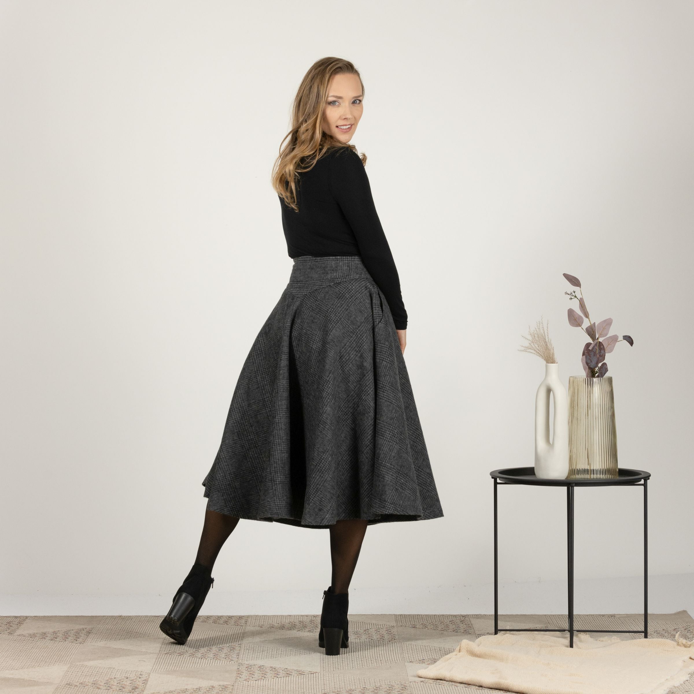 Back view emphasizing the classic design of Wool Midi Flare Skirt