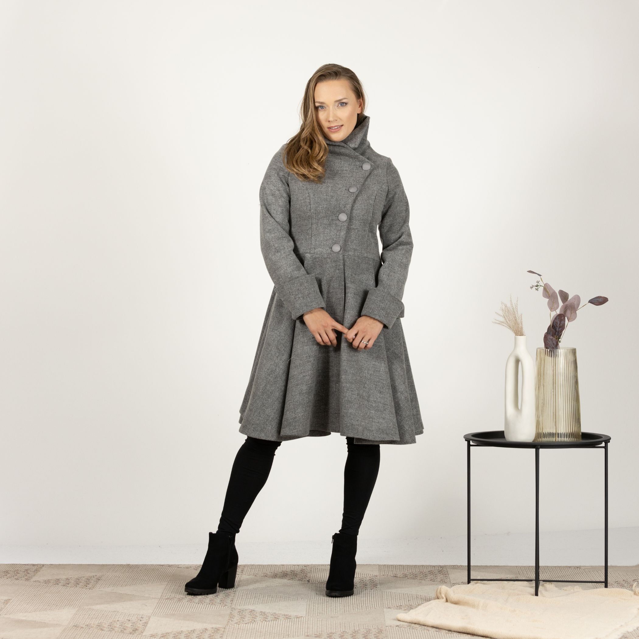 Front view of the Gray A-line Buttoned Winter Coat, showcasing the classic A-line silhouette and elegant button-up front design.