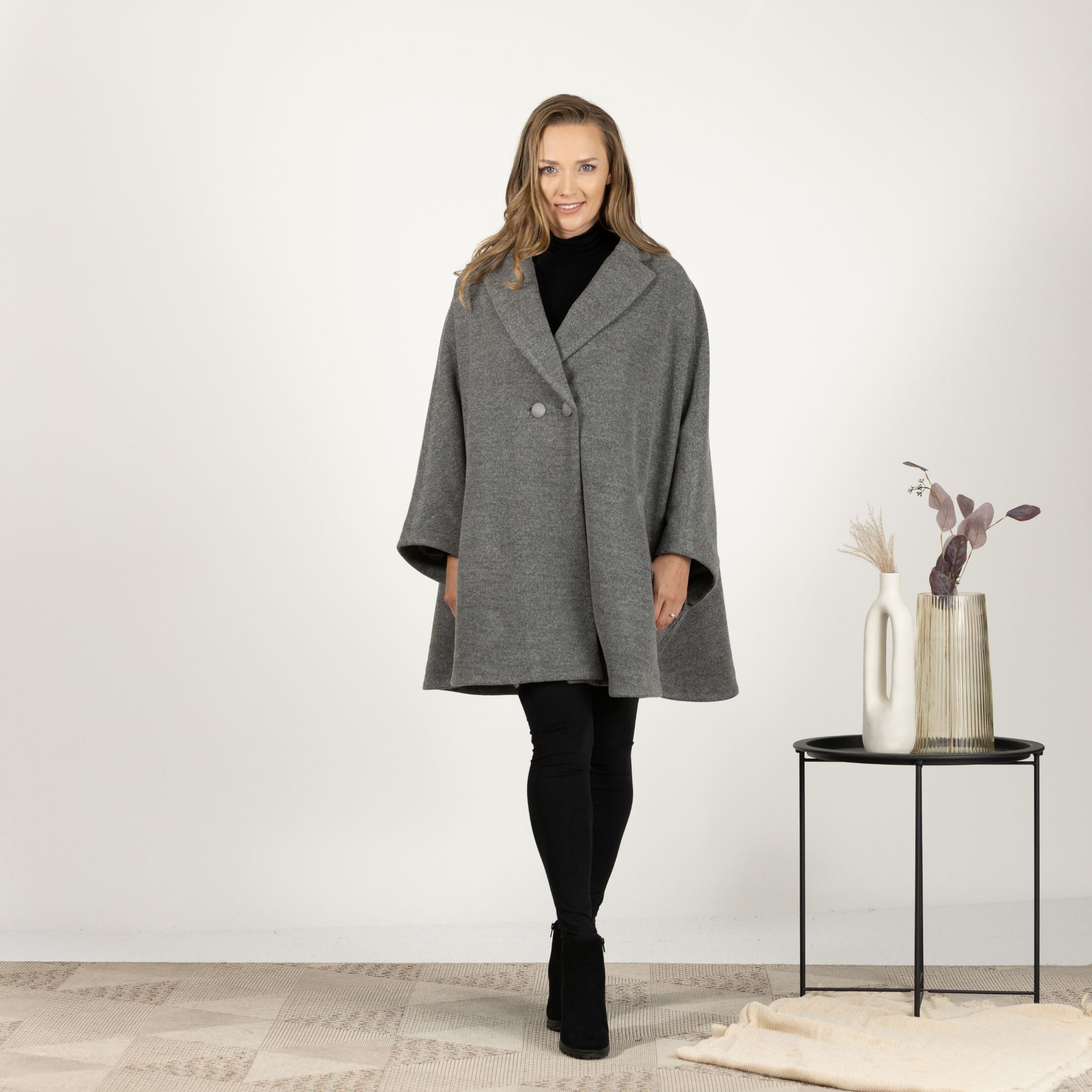 Full-length front view of the Gray Collared Loose Cape Coat, highlighting the above-the-knee length and relaxed drop shoulder pattern.