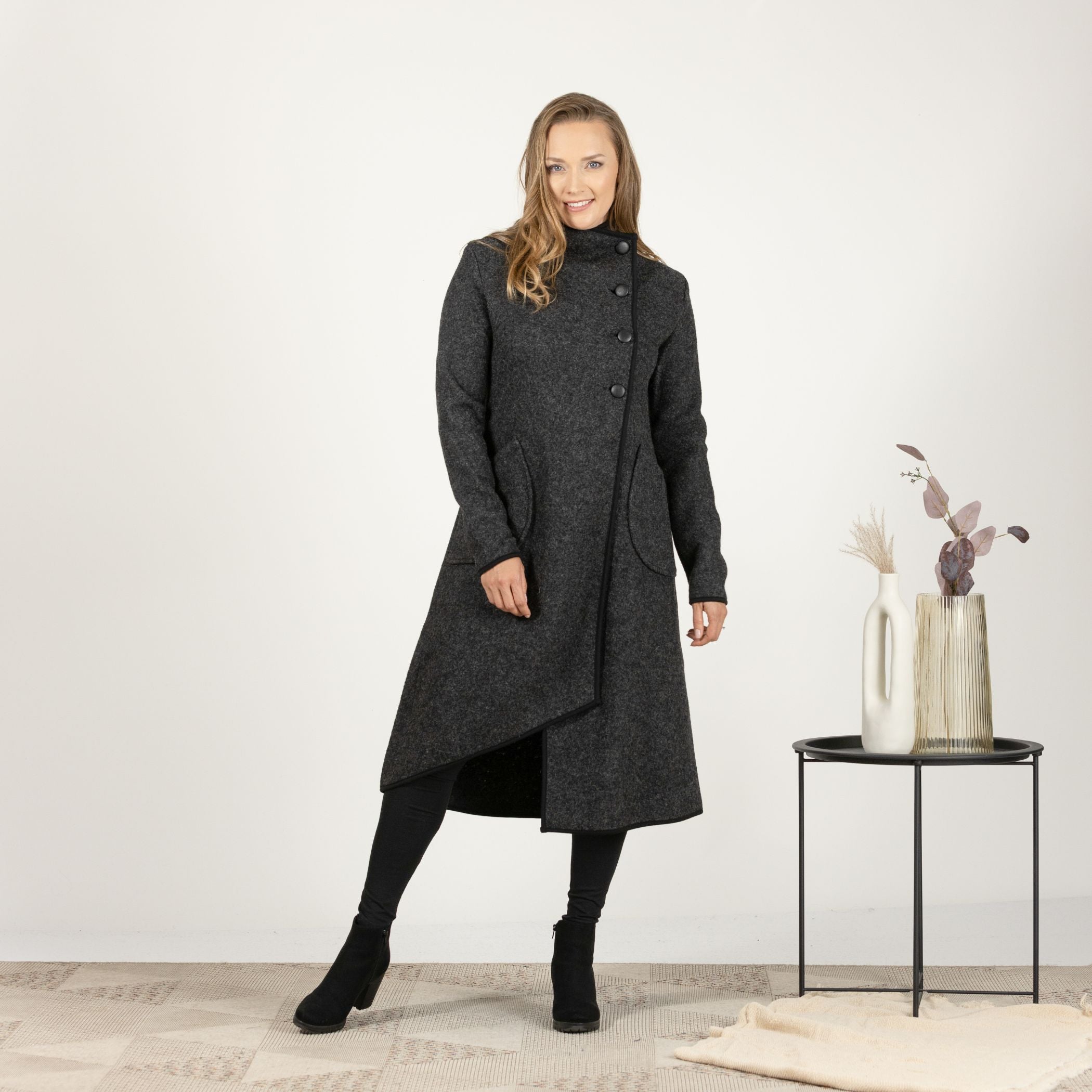 Full-length front view of the Charcoal Boiled Wool Coat with Pockets, highlighting the warm wool material and large, practical pockets