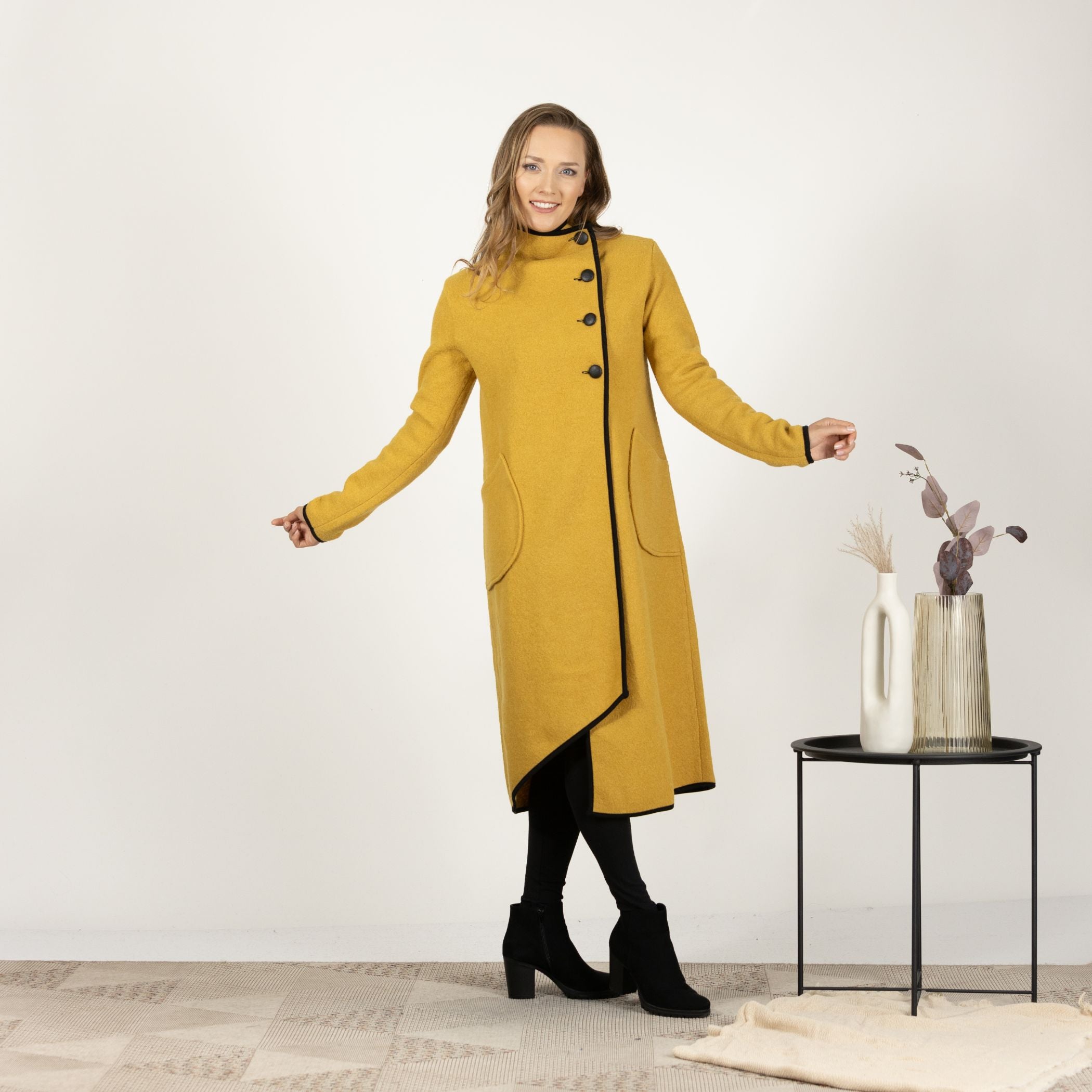 Front view of the Mustard Boiled Wool Coat with Pockets, showcasing the vibrant color and classic overlapping front design with three buttons.