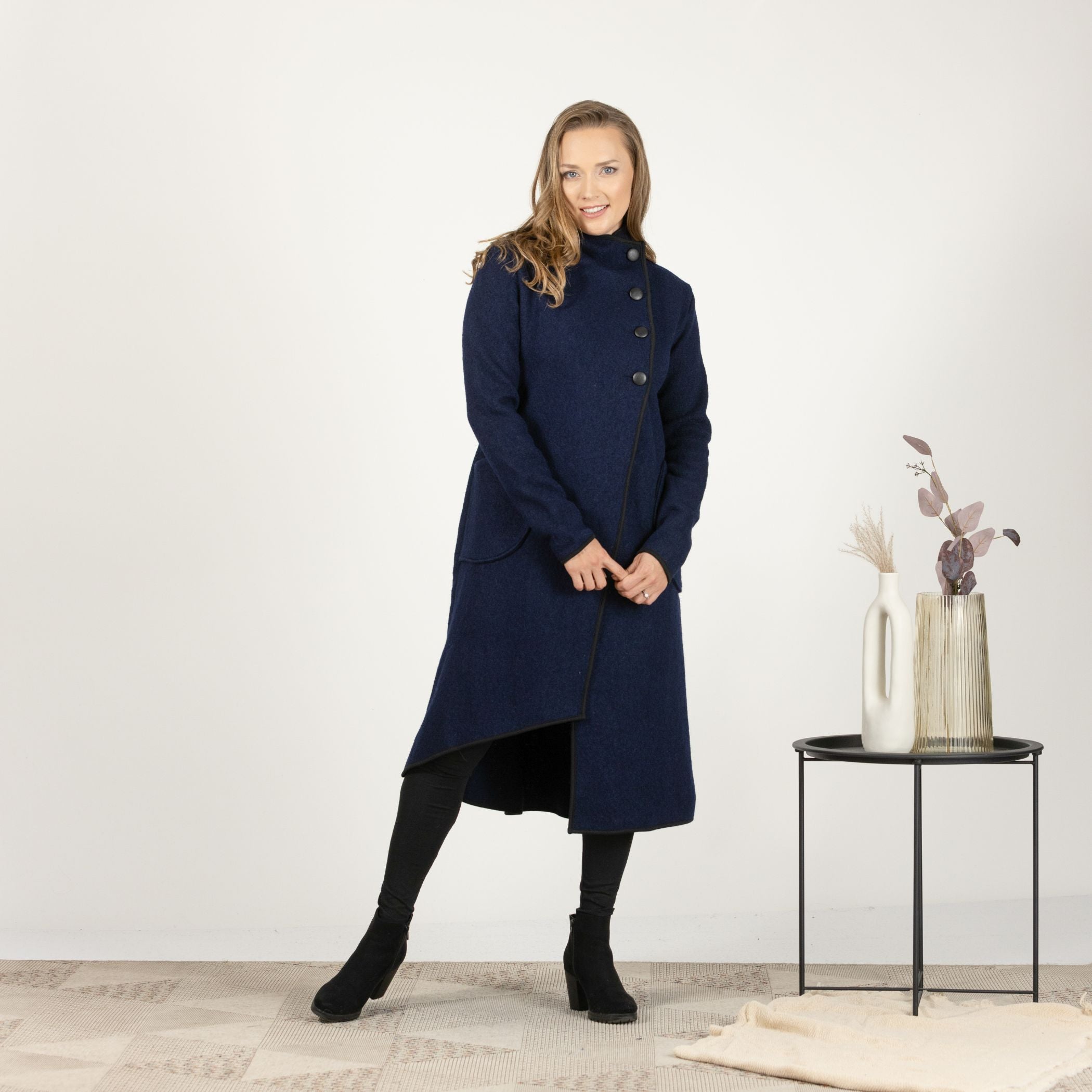 Front view of the Dark Blue Boiled Wool Coat with Pockets, showcasing the deep color and classic overlapping front design with three buttons.