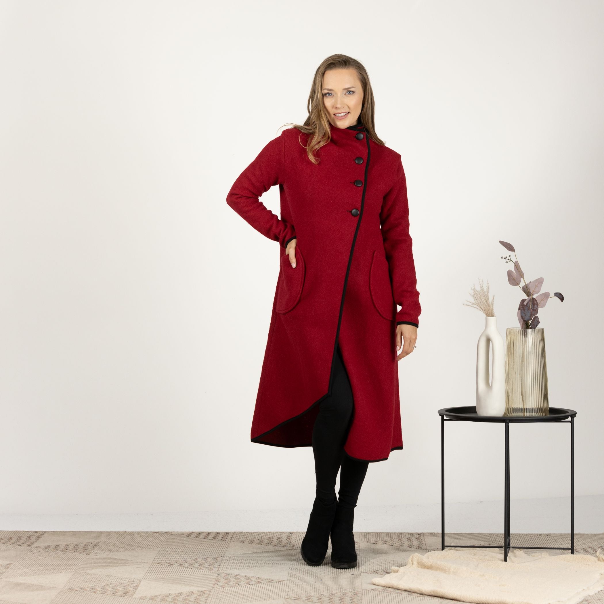 Front view of the Raspberry Boiled Wool Coat with Pockets, showcasing the vibrant color and classic overlapping front design with three buttons.