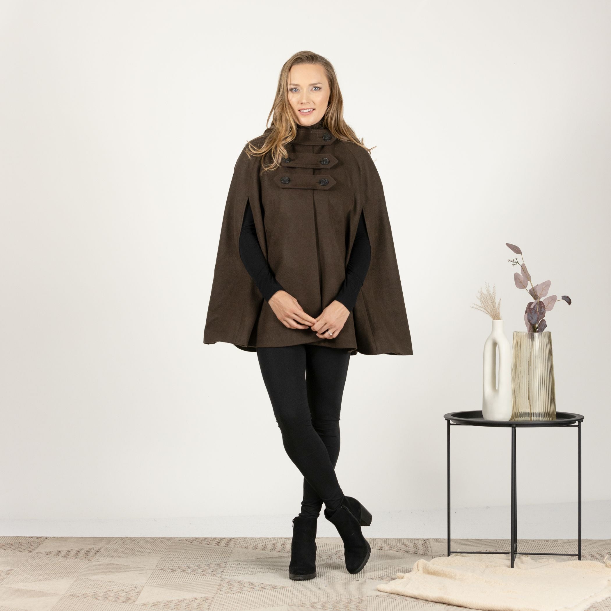 Front view of the Brown Hooded Wool Cape Coat, showcasing the elegant retro design with a removable hood and button closure.