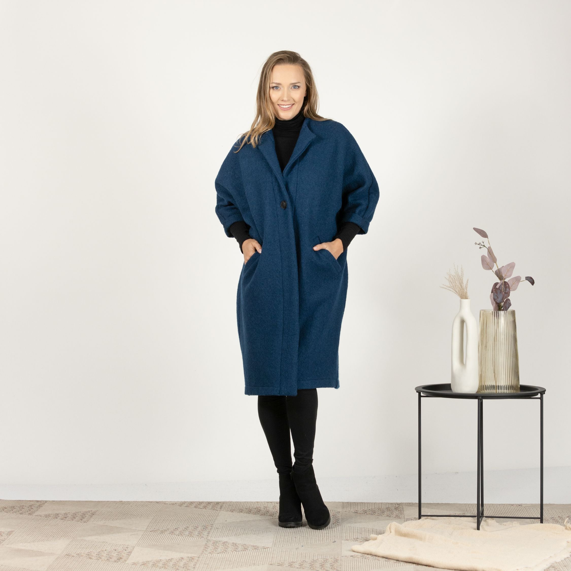 Front view of Midi Loose Winter Overcoat with under-knee length