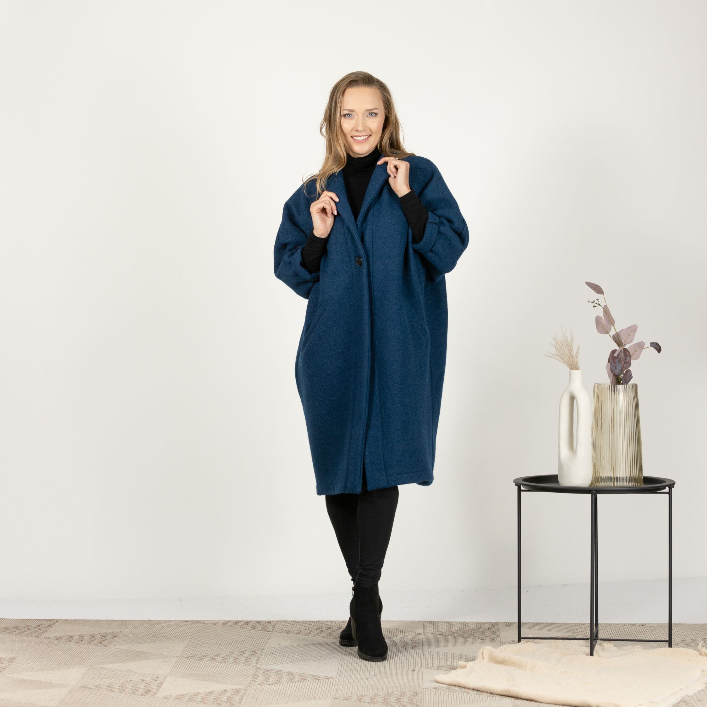 Front view showing 3/4 sleeves of Midi Loose Winter Overcoat