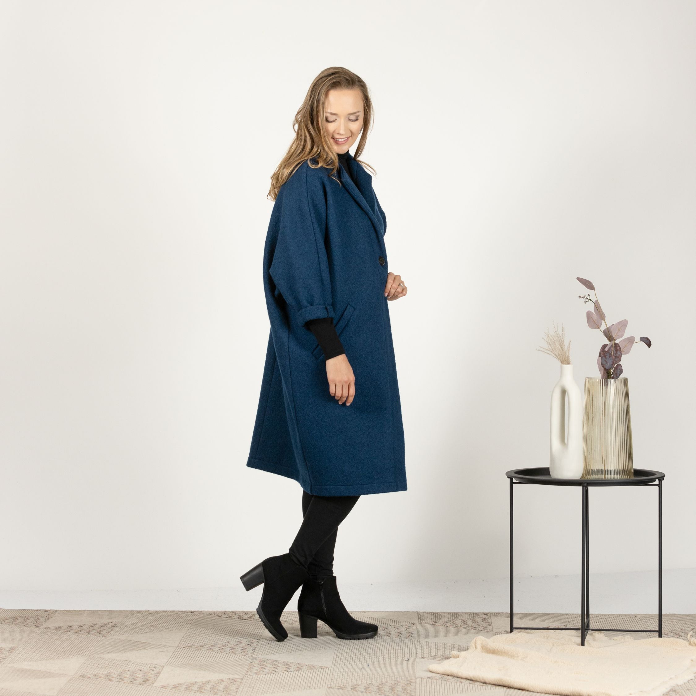 Side view of Midi Loose Winter Overcoat showcasing loose fit