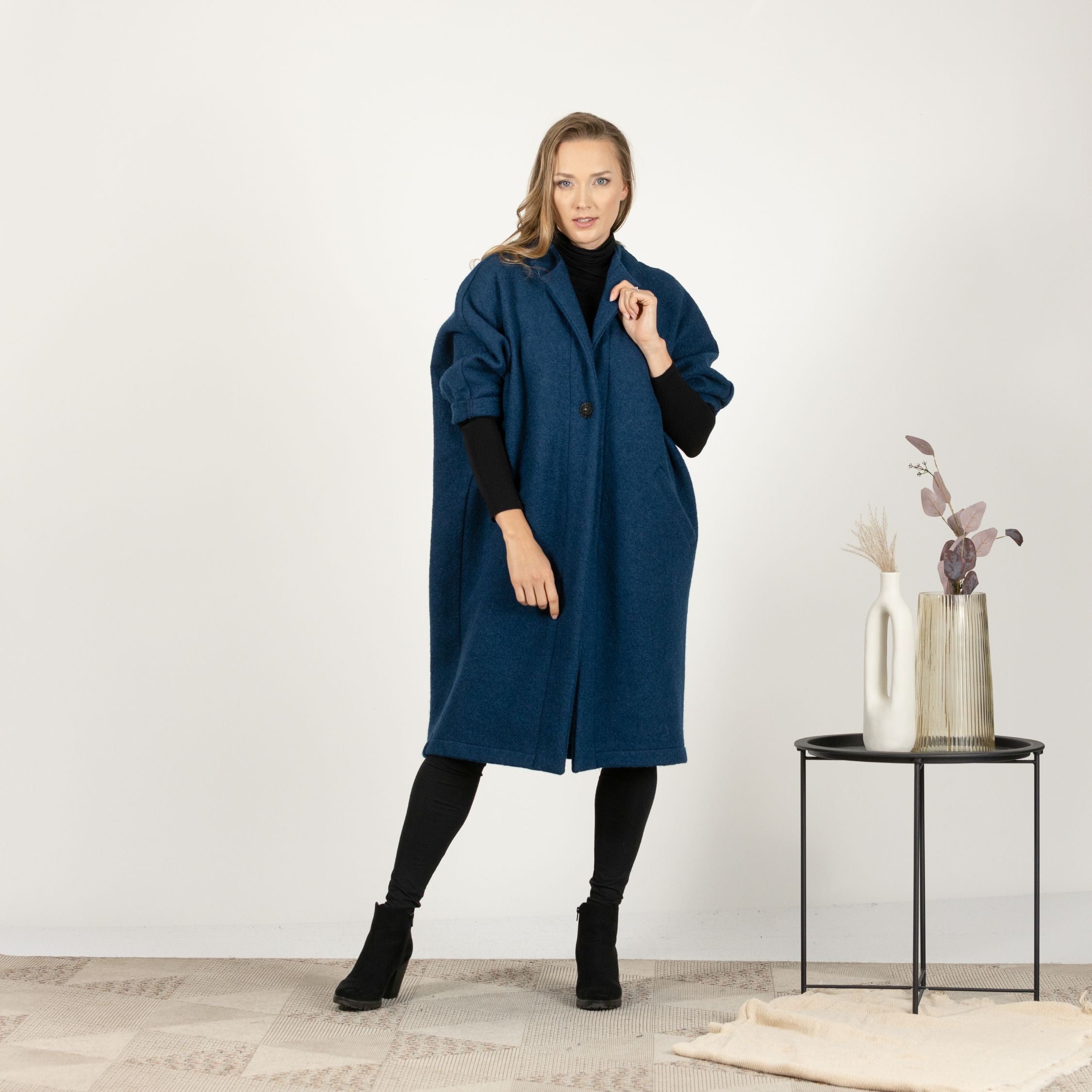 Elegant front view of Midi Loose Winter Overcoat with under-knee length