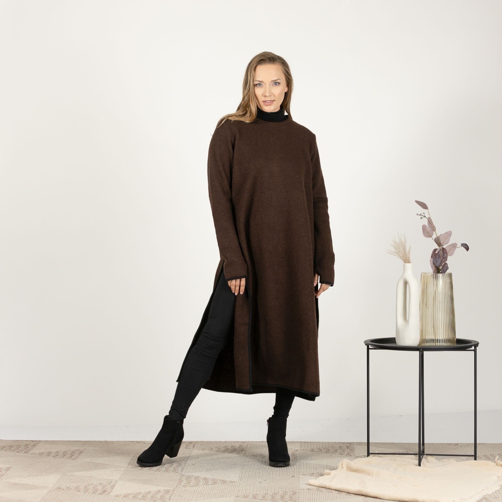 Front view of the Brown Wool Winter Sweater Dress, showcasing the warm, earthy tone and classic crew neckline.